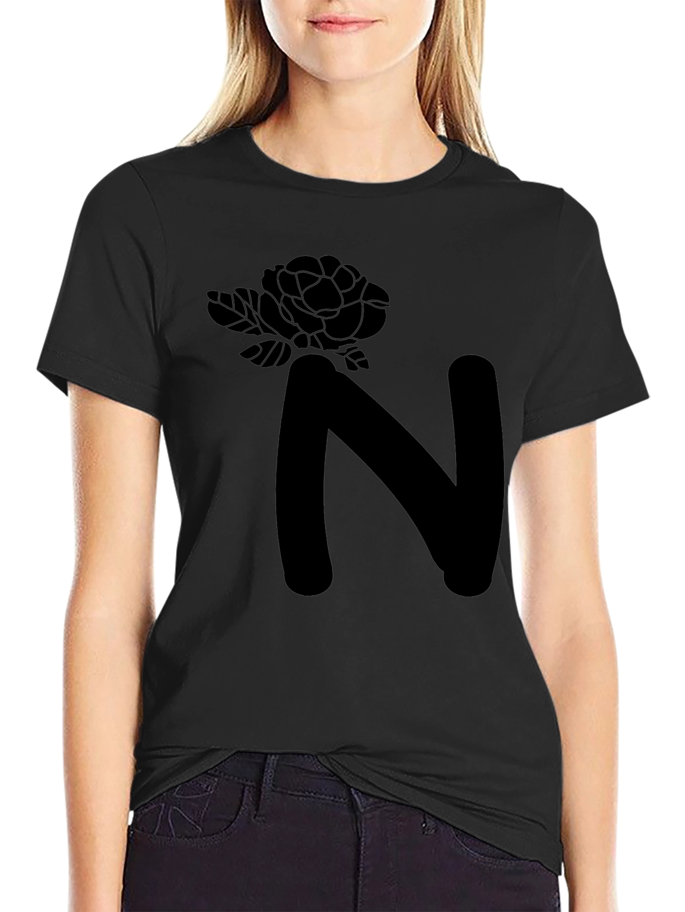 Floral N Letter Graphic Black T-Shirt