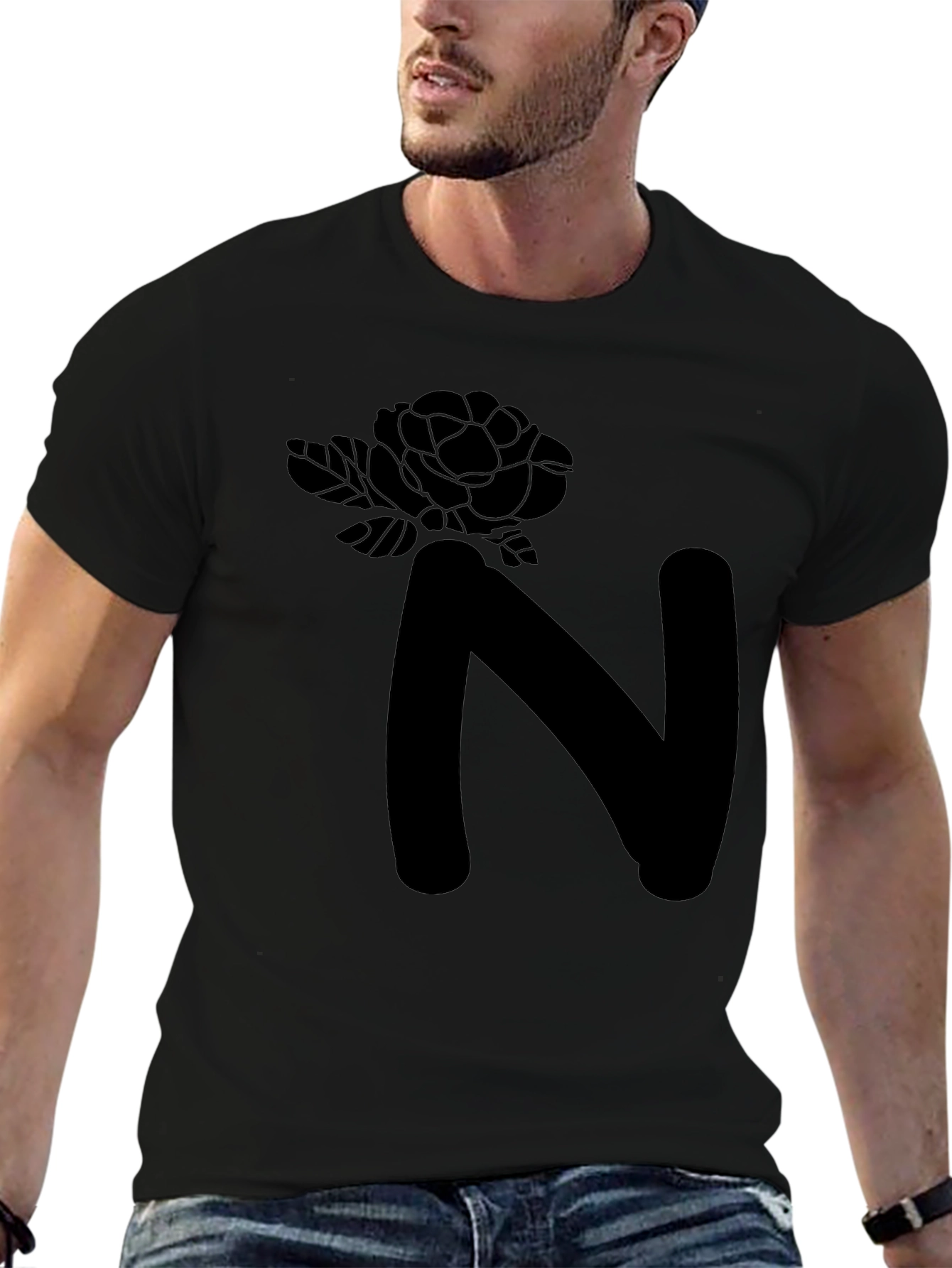Floral N Letter Graphic Black T-Shirt