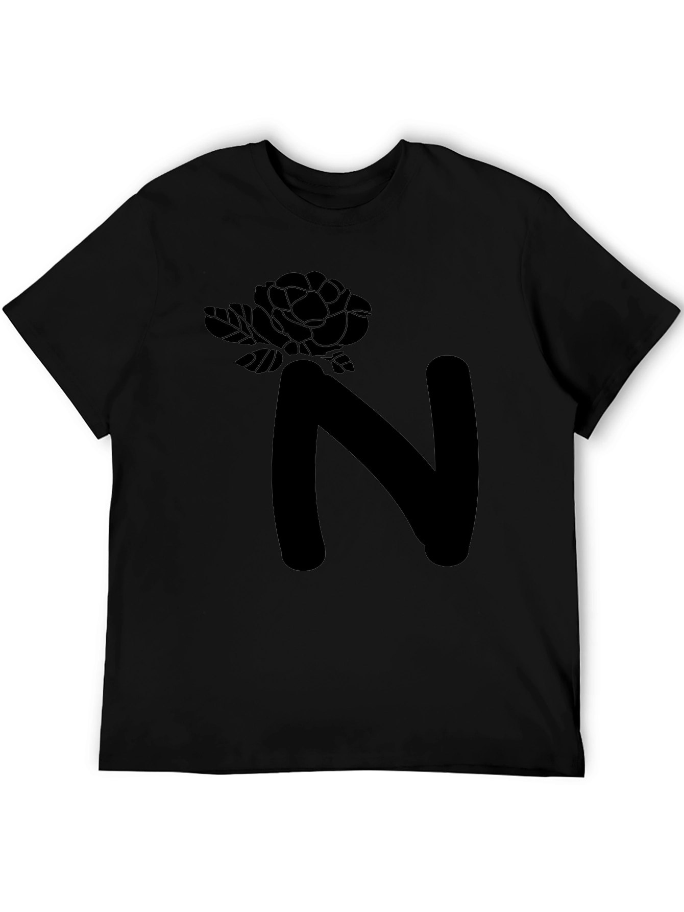 Floral N Letter Graphic Black T-Shirt