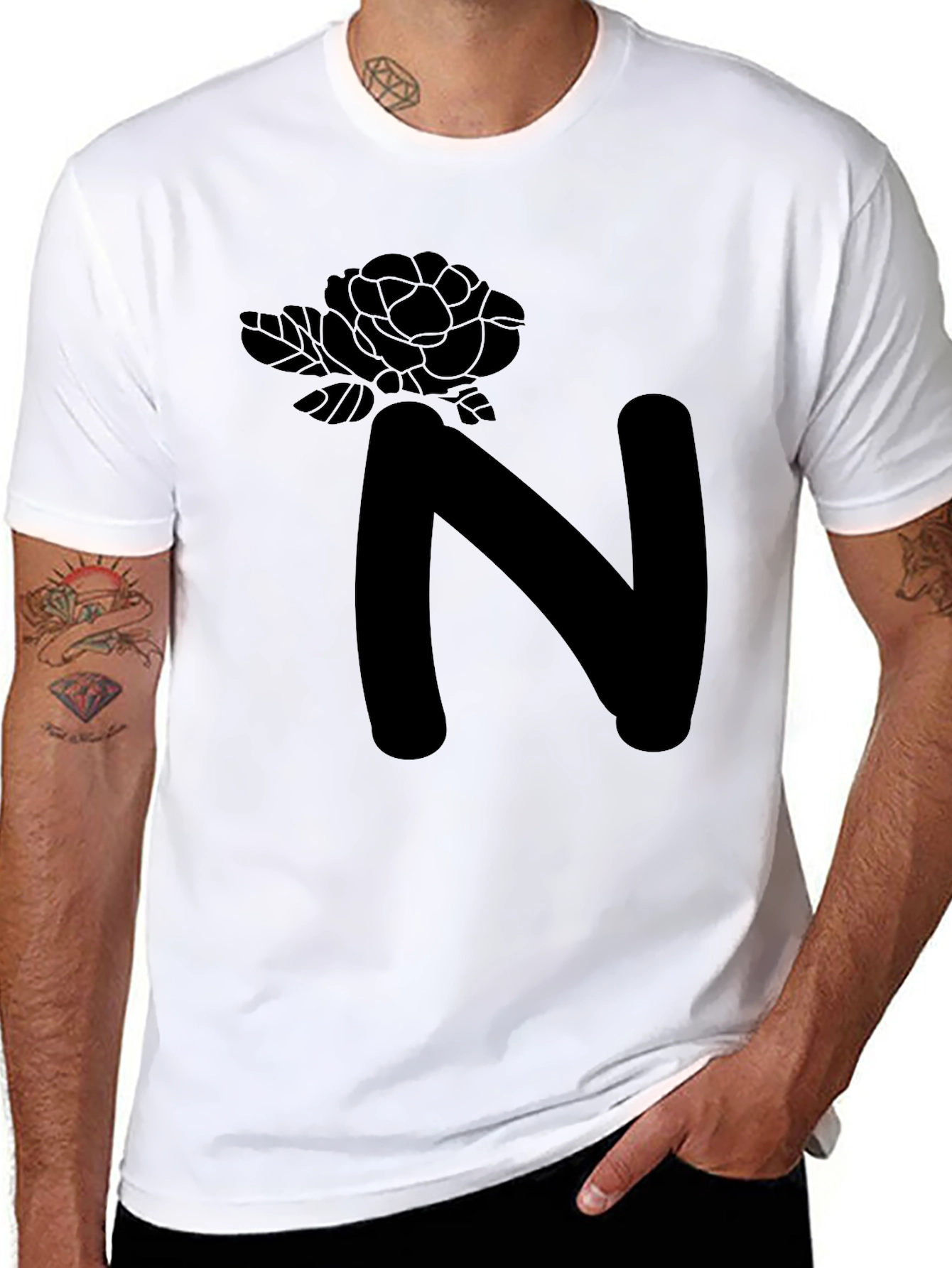 Floral N Letter Graphic Black T-Shirt