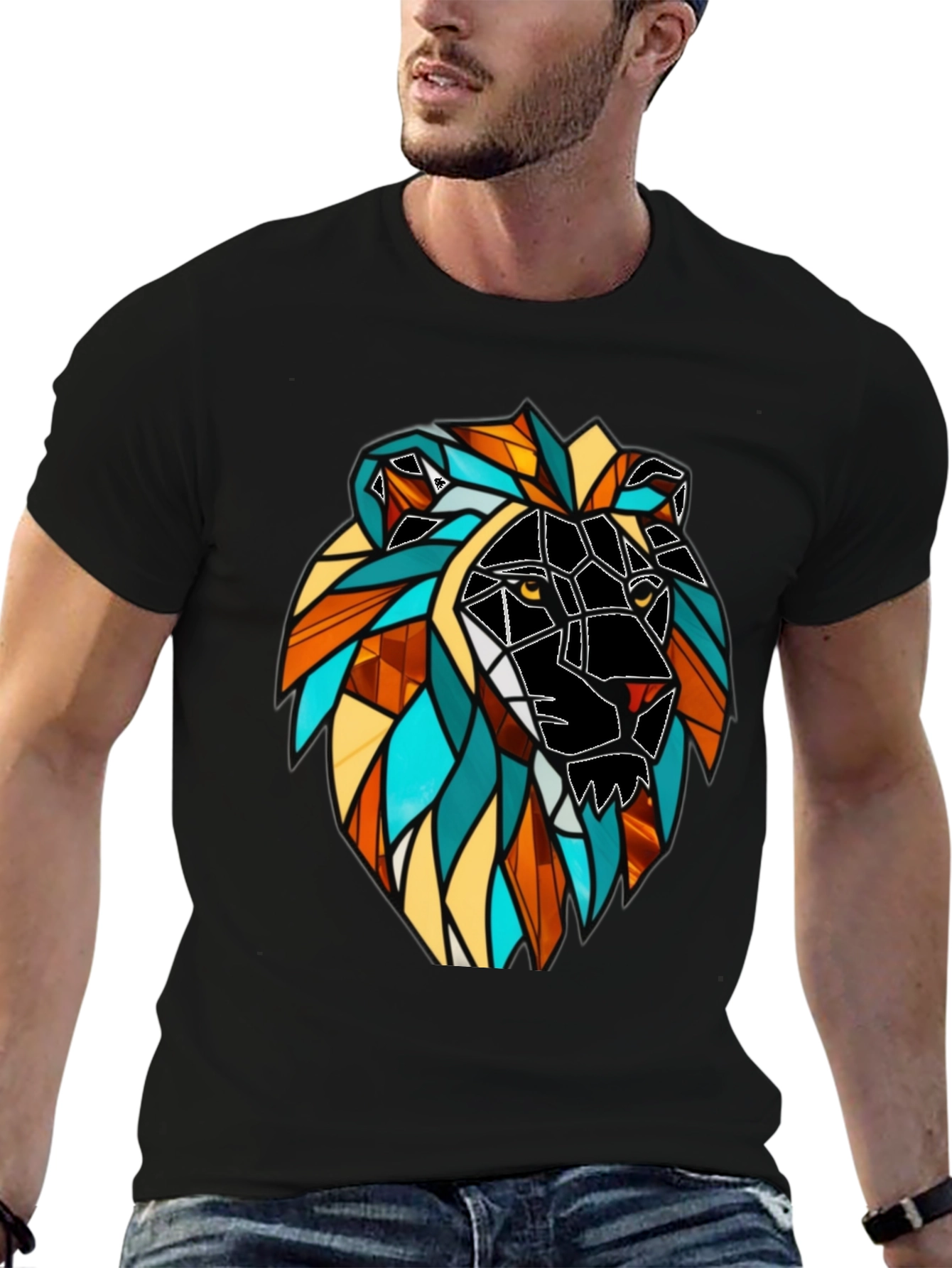 Geometric Lion Graphic Black T-Shirt