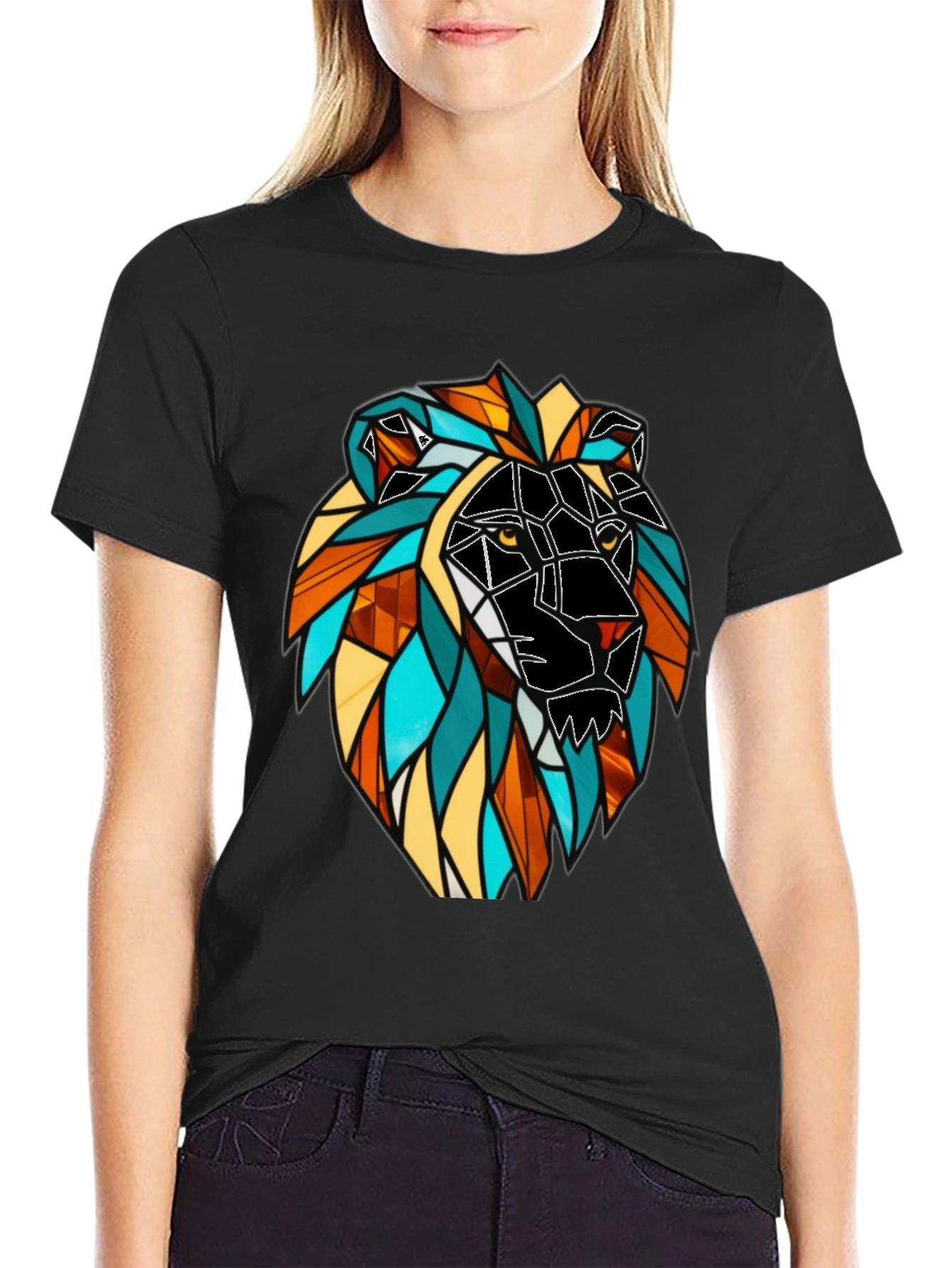 Geometric Lion Graphic Black T-Shirt