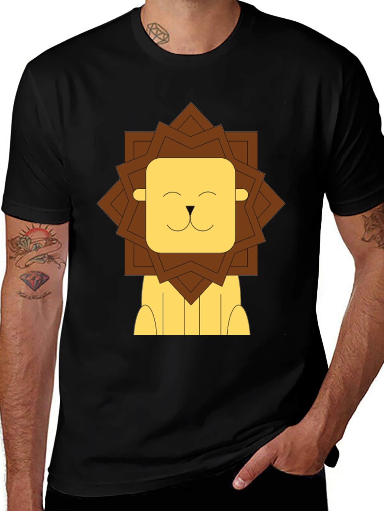 Cartoon Lion Graphic Tee - Black Cotton T-Shirt