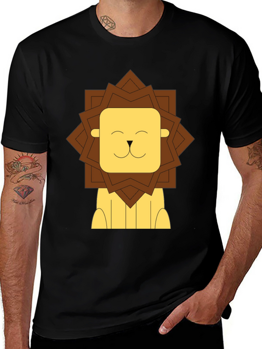Cartoon Lion Graphic Tee - Black Cotton T-Shirt