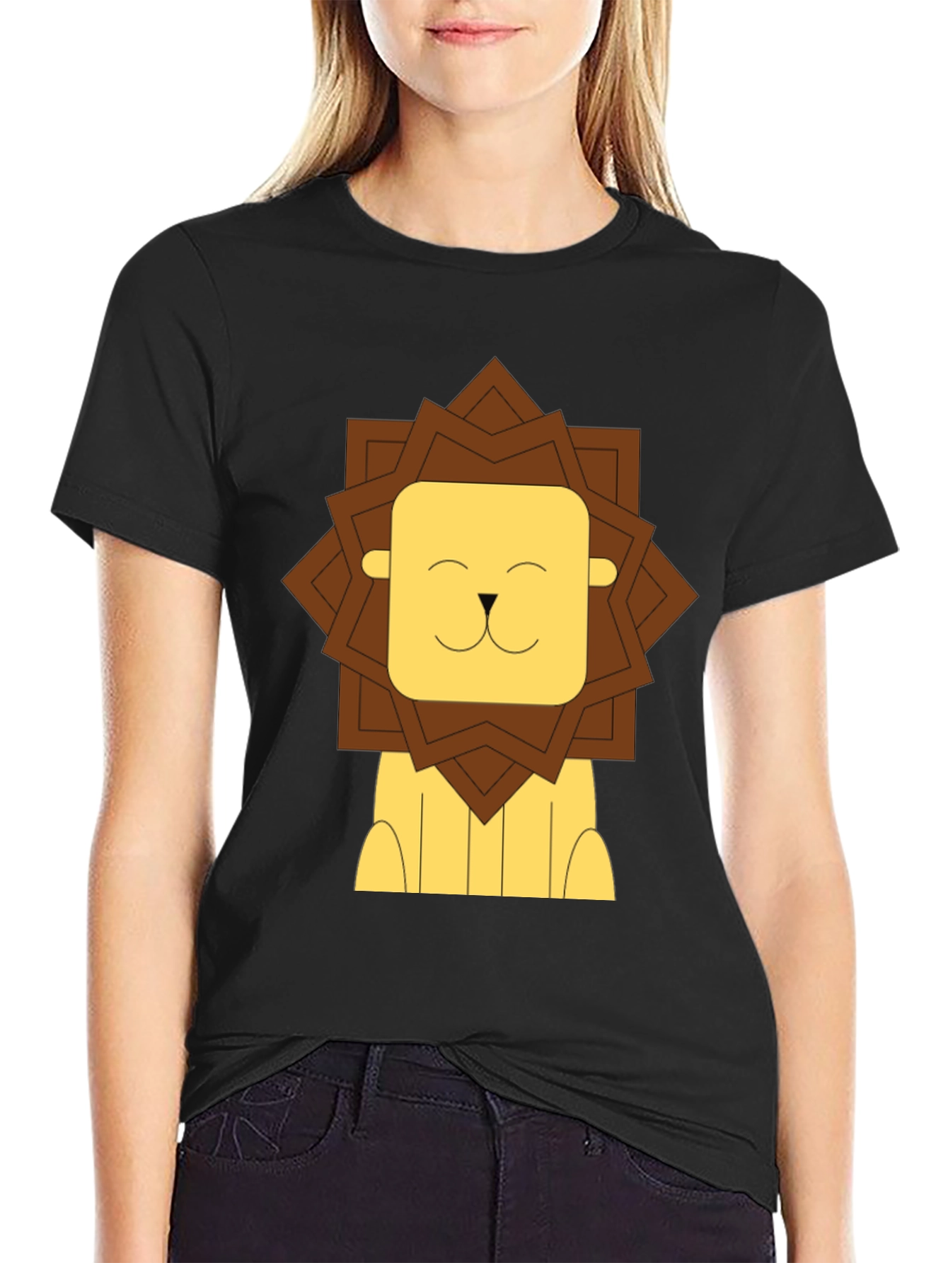 Cartoon Lion Graphic Tee - Black Cotton T-Shirt