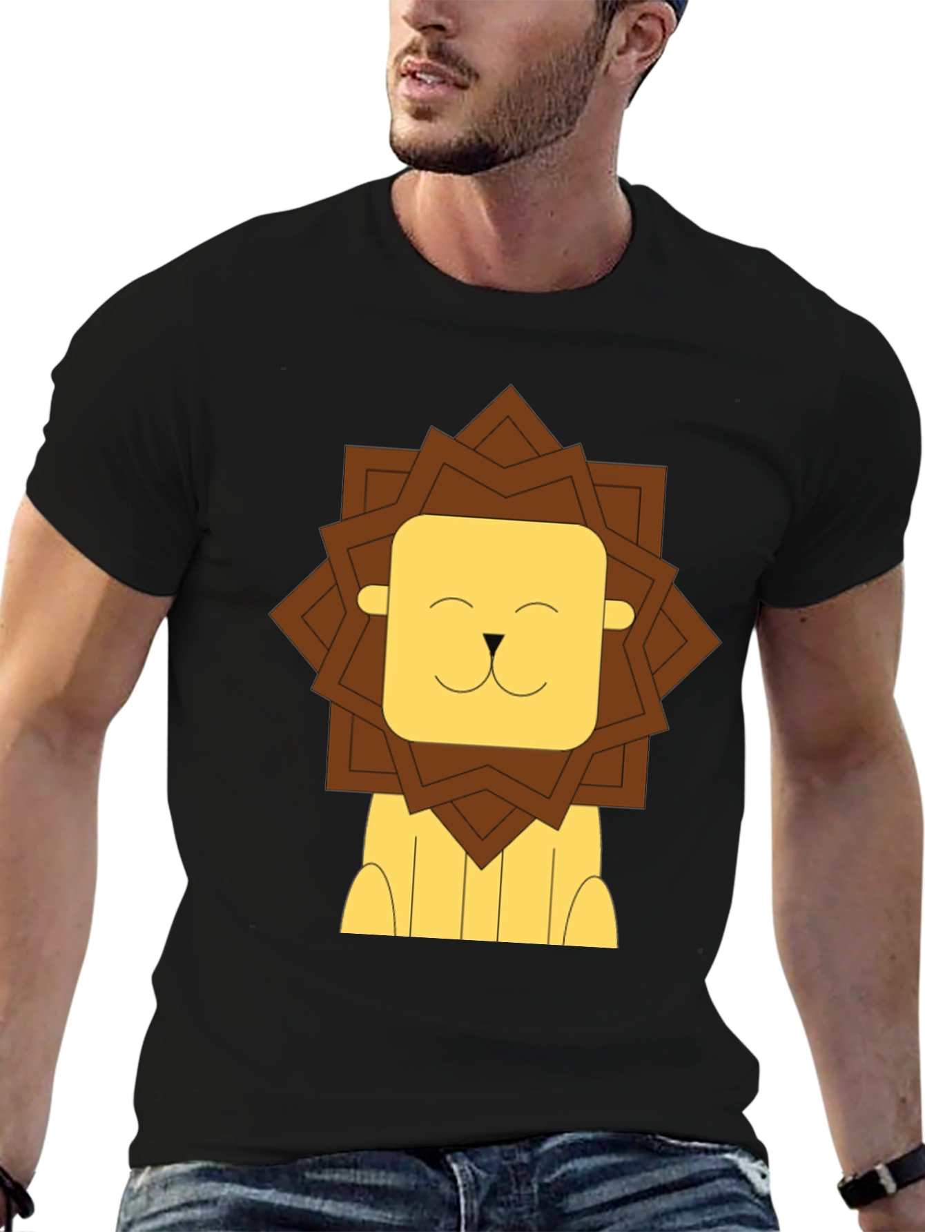 Cartoon Lion Graphic Tee - Black Cotton T-Shirt