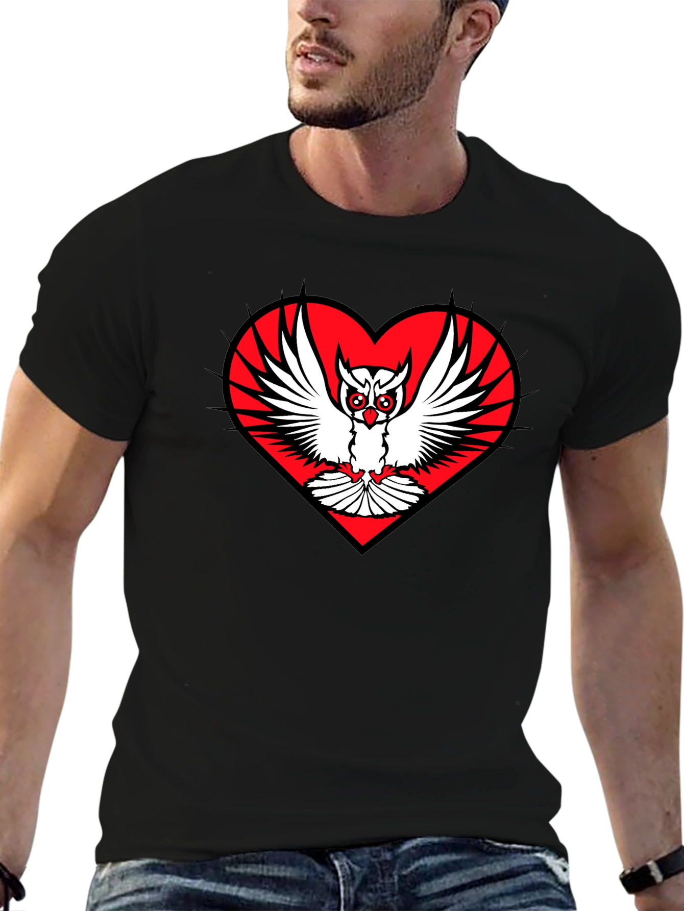 Owl Heart Graphic Tee - Unique Black T-Shirt