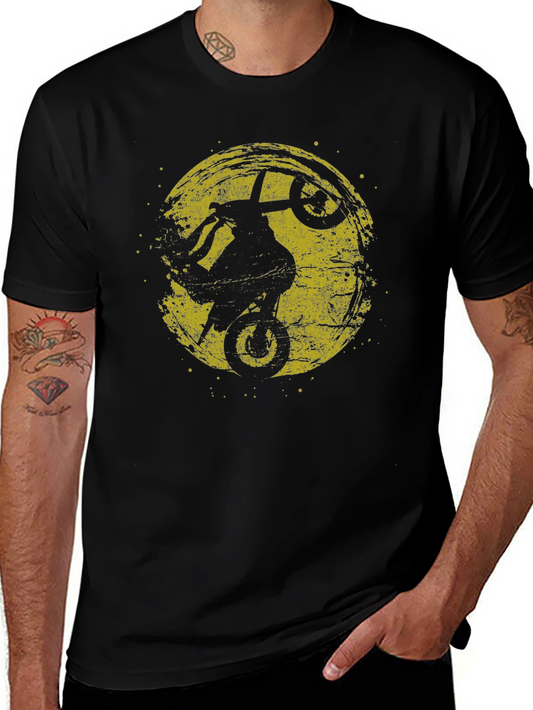 Mens Black Graphic Tee - Motorcycle Wheelie Design