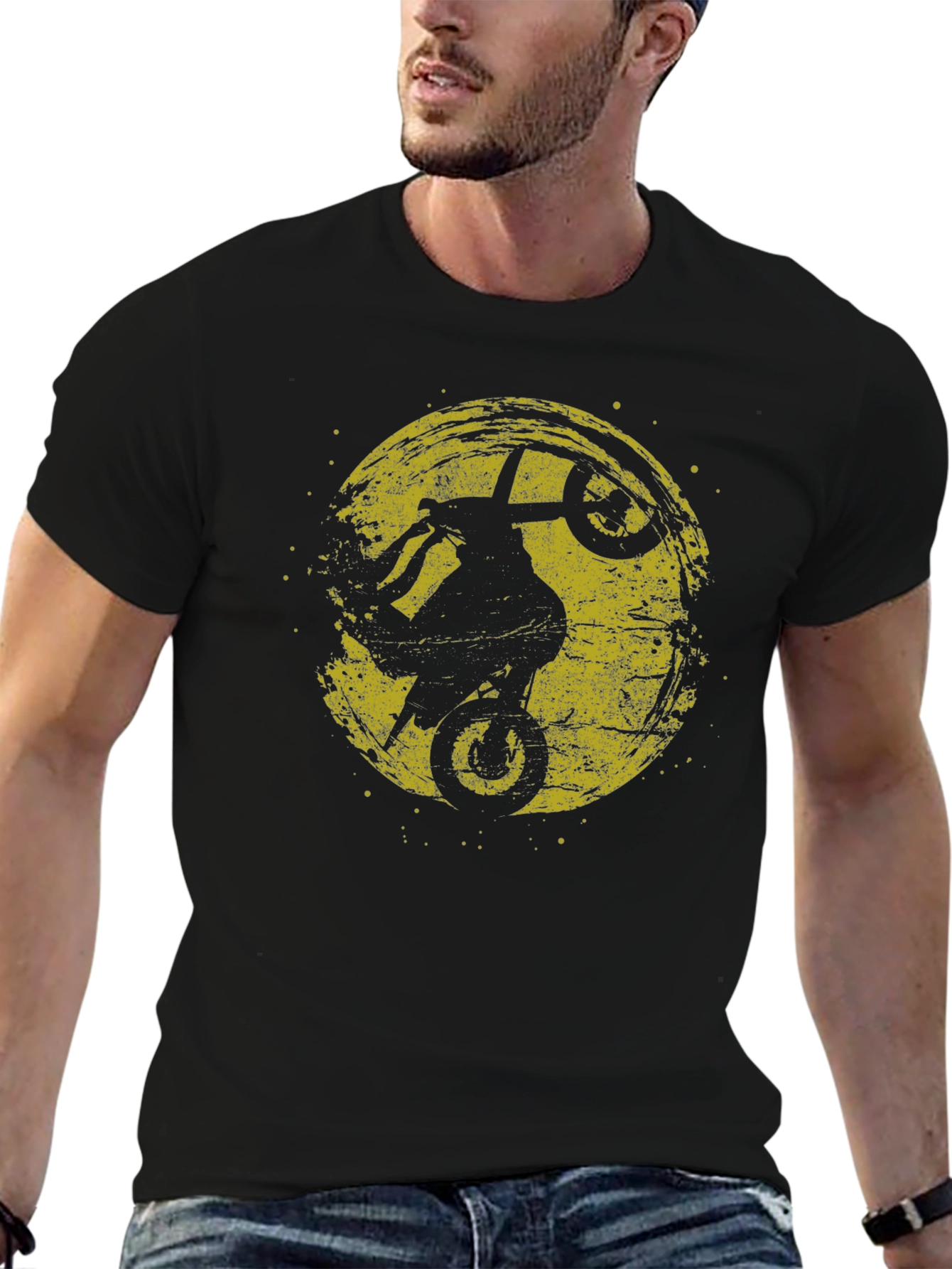 Mens Black Graphic Tee - Motorcycle Wheelie Design