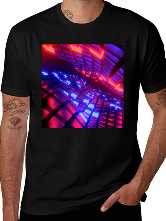 Cyber Grid T-Shirt: Red & Blue 3D Block Design