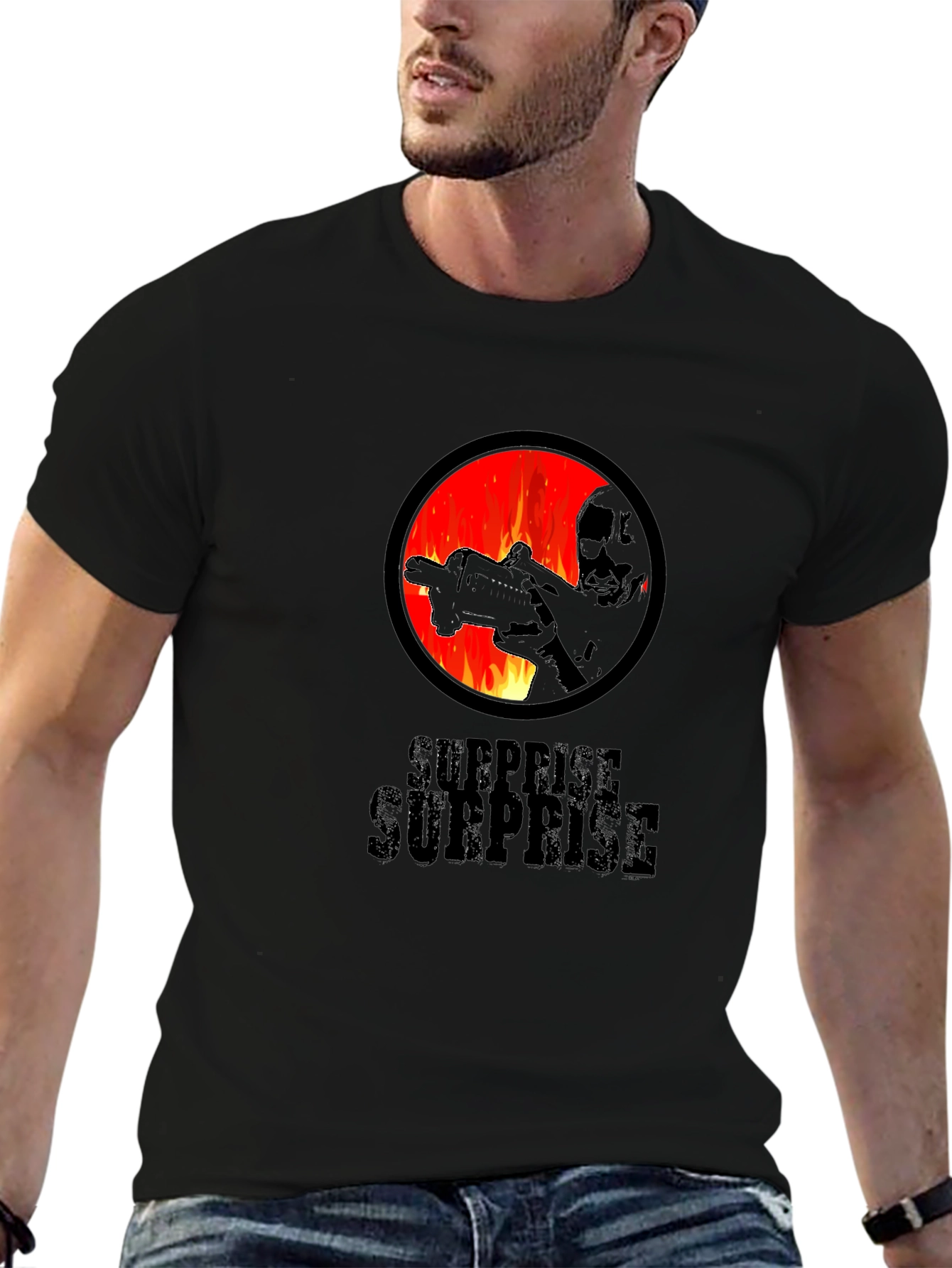 Surprise Graphic Tee - Black Cotton Crew Neck
