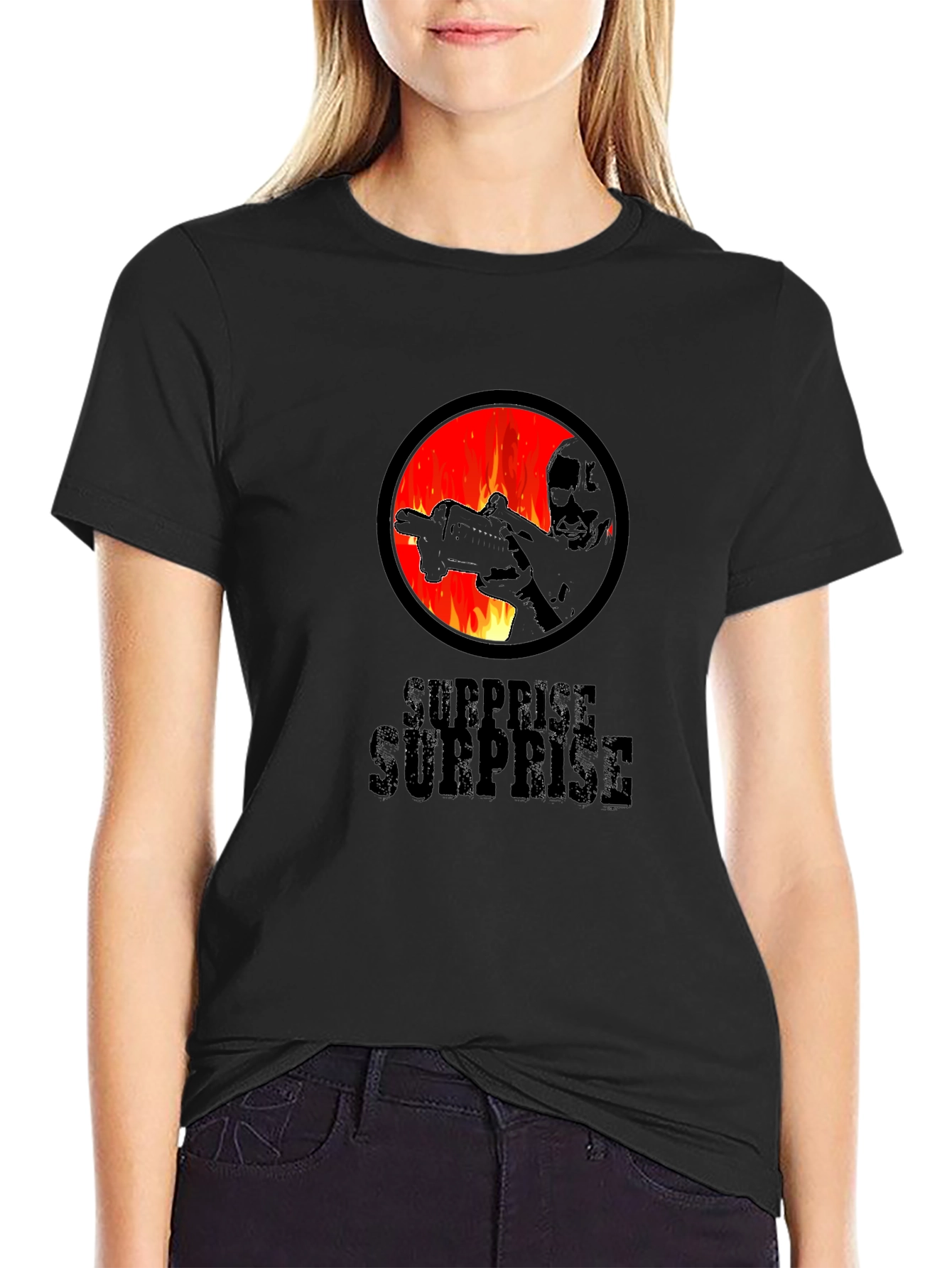 Surprise Graphic Tee - Black Cotton Crew Neck