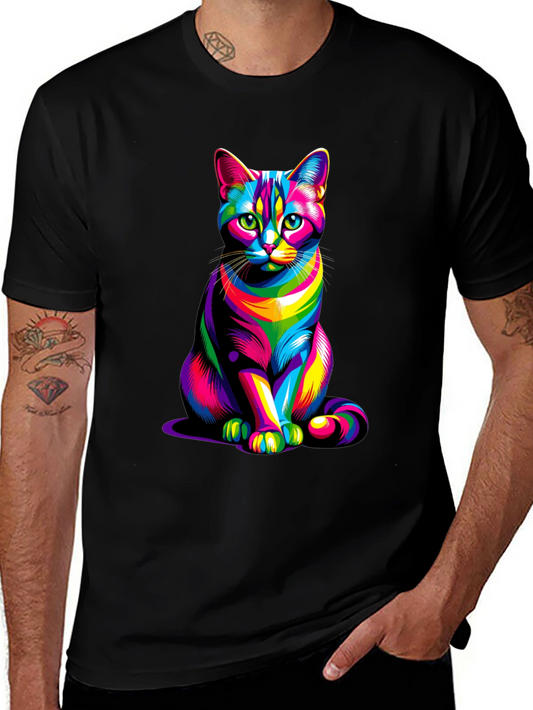 Colorful Cat Graphic Tee - Black