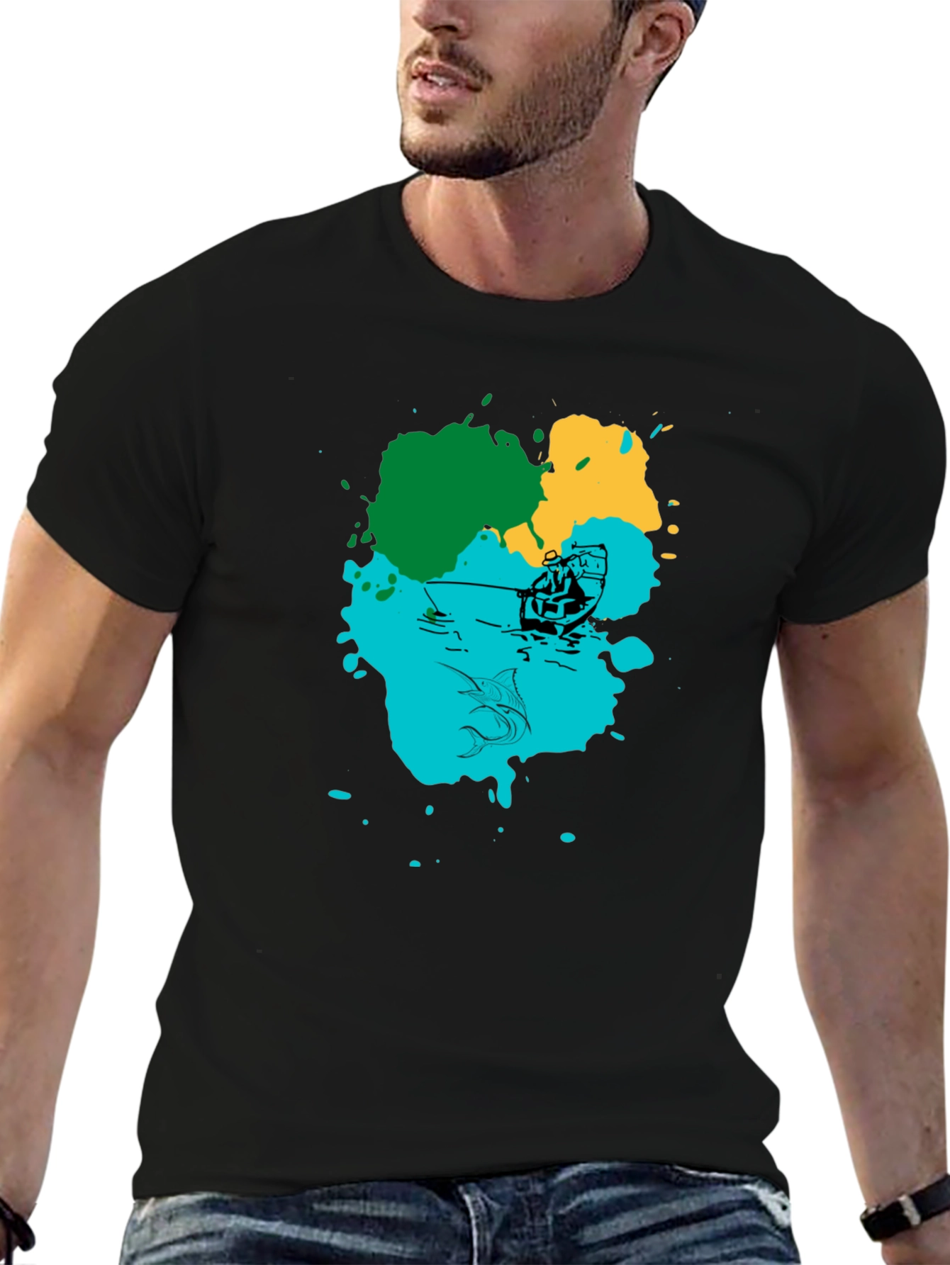 Fishing Graphic Print Black T-Shirt