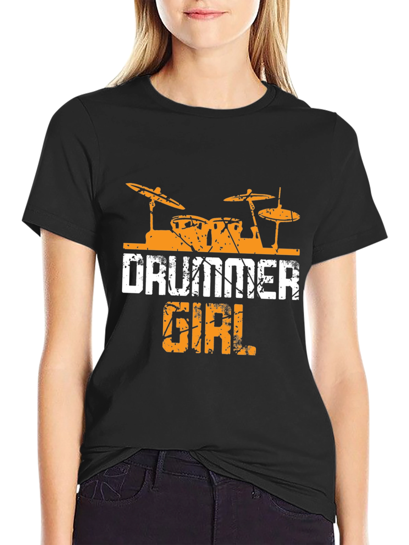 Drummer Girl Black Cotton Tee - Music Lover Shirt