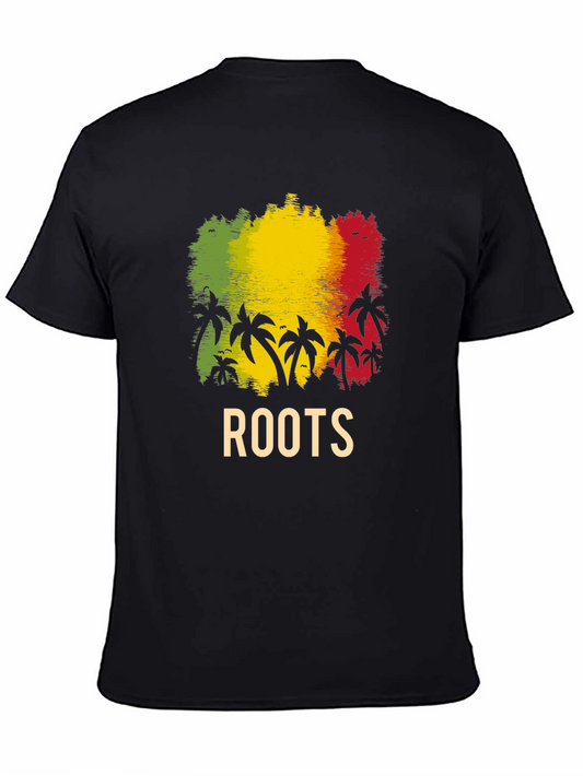 Roots Rasta Palm Tree Graphic Tee - Black Cotton T-Shirt