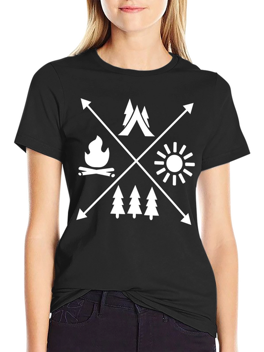 Outdoor Adventure Graphic Tee - Campfire Trees Sun Design