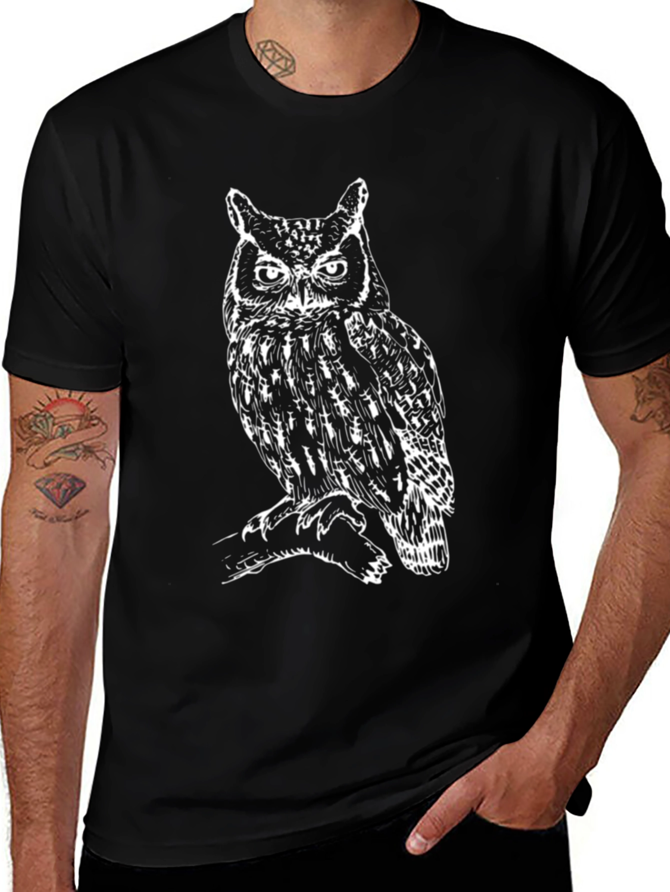 Cool Owl Graphic Tee - Mens Black Cotton T-Shirt