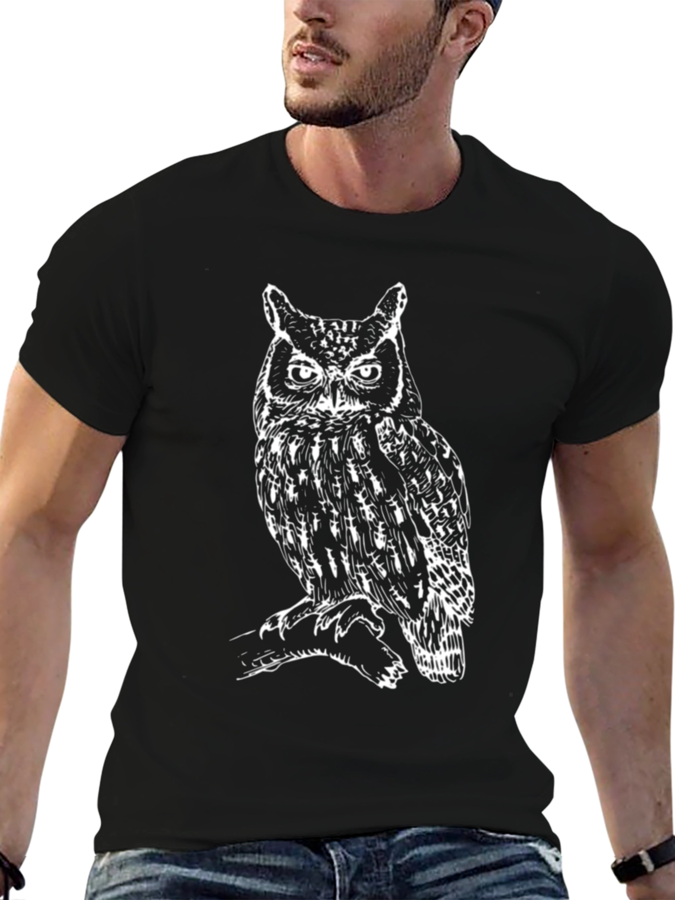 Cool Owl Graphic Tee - Mens Black Cotton T-Shirt