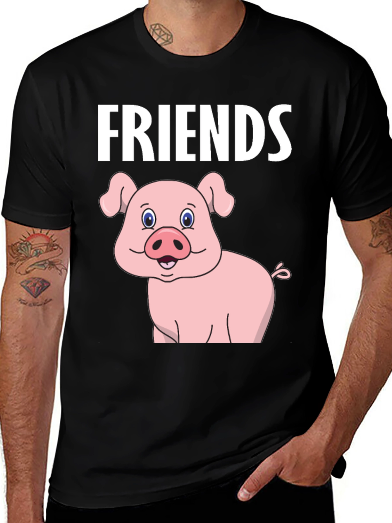 Friends Pig Cartoon Black Tee