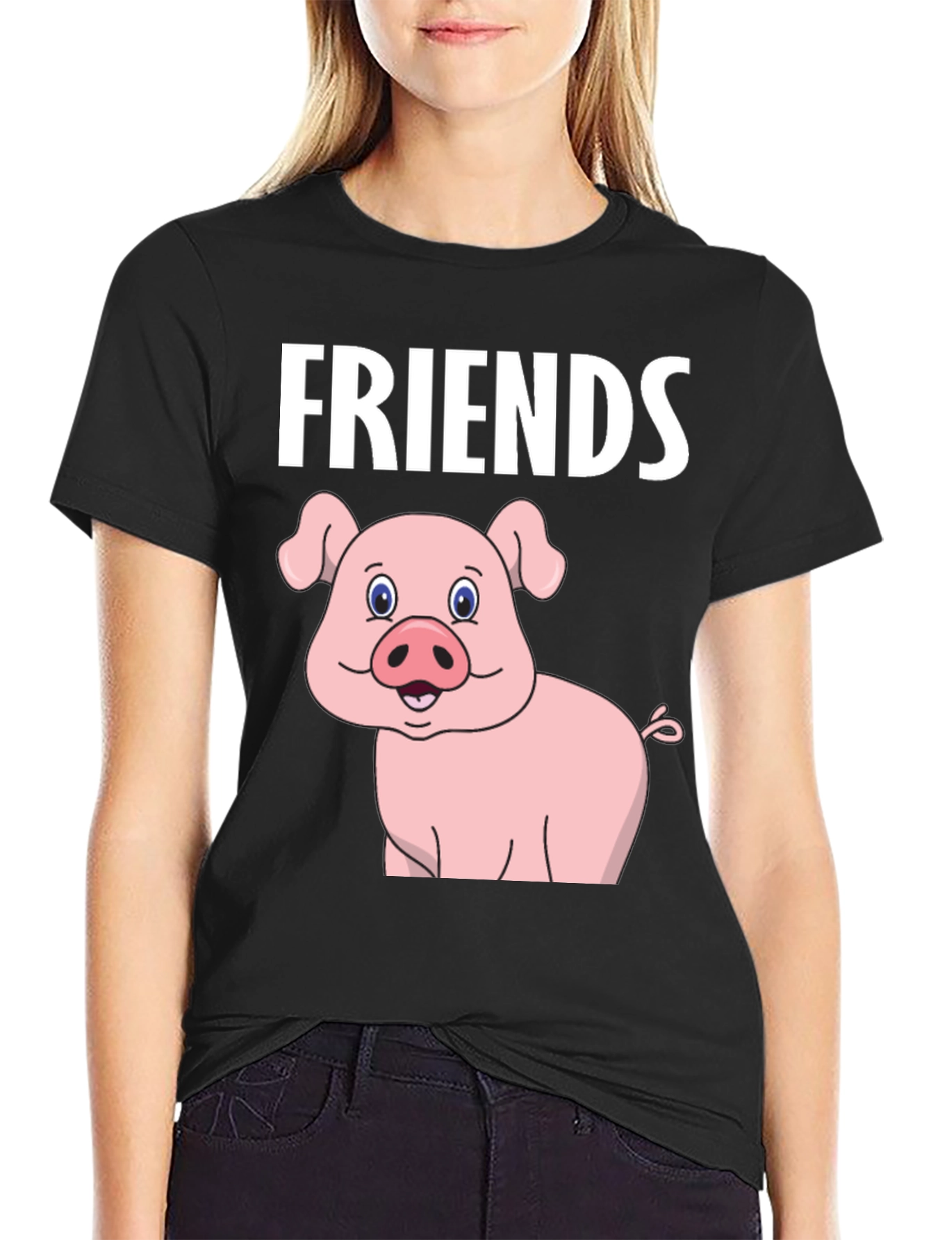 Friends Pig Cartoon Black Tee