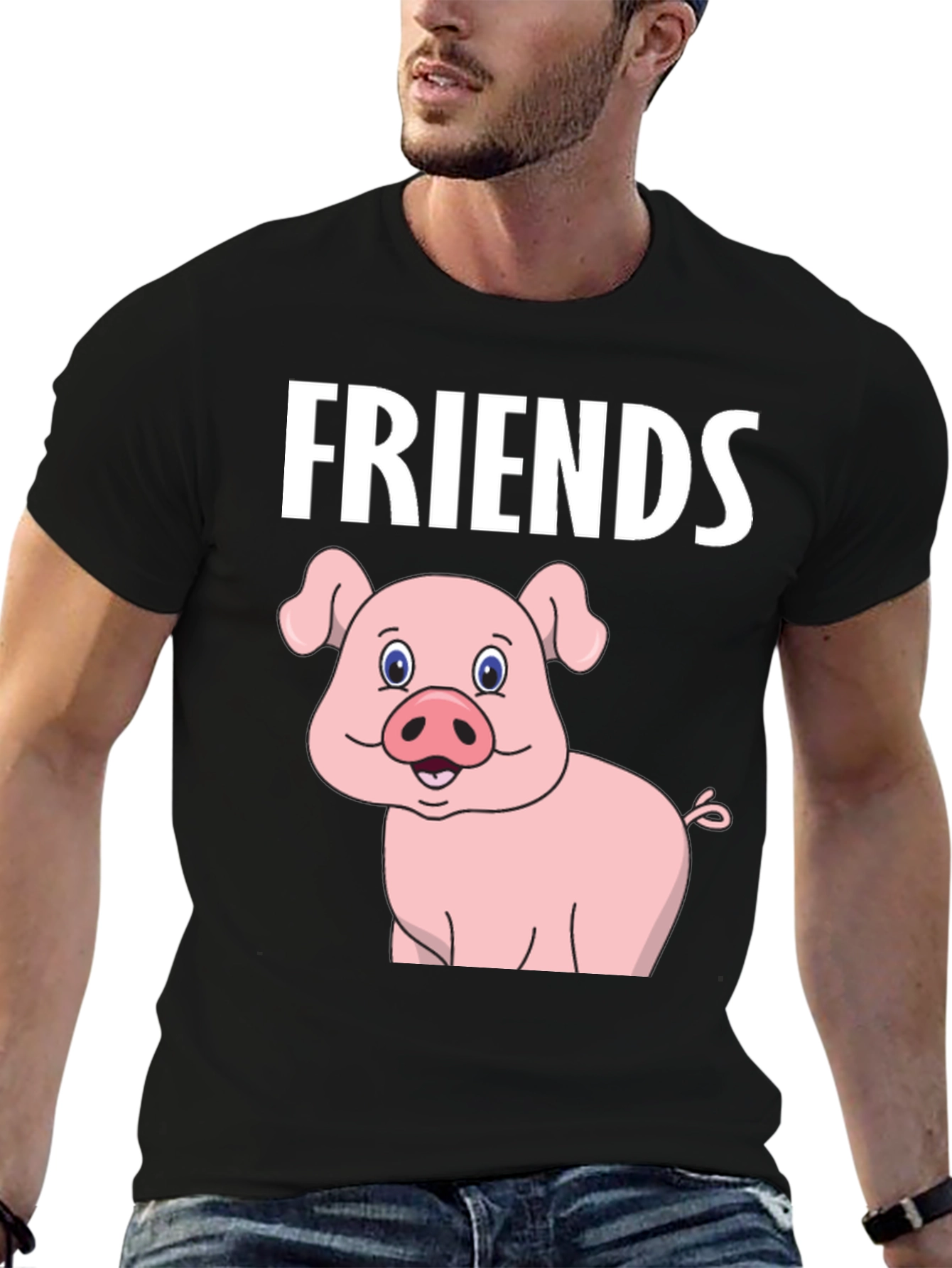 Friends Pig Cartoon Black Tee