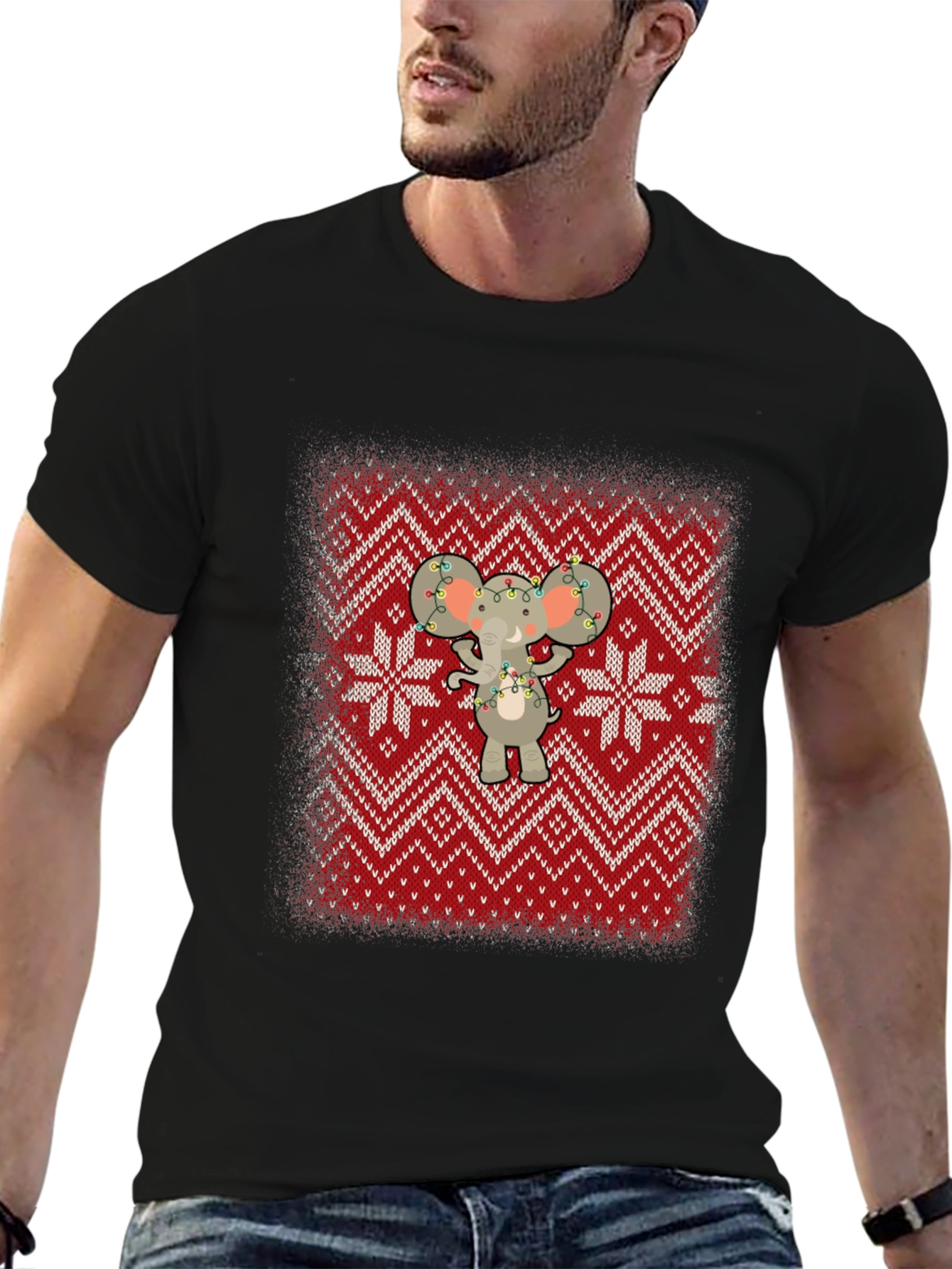 Festive Elephant Knit Pattern Holiday T-Shirt