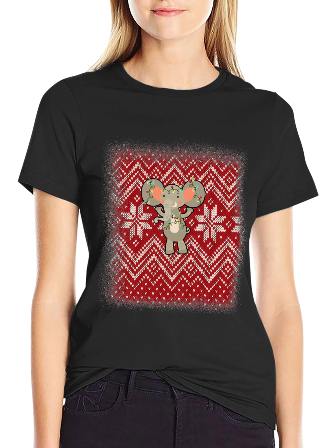 Festive Elephant Knit Pattern Holiday T-Shirt