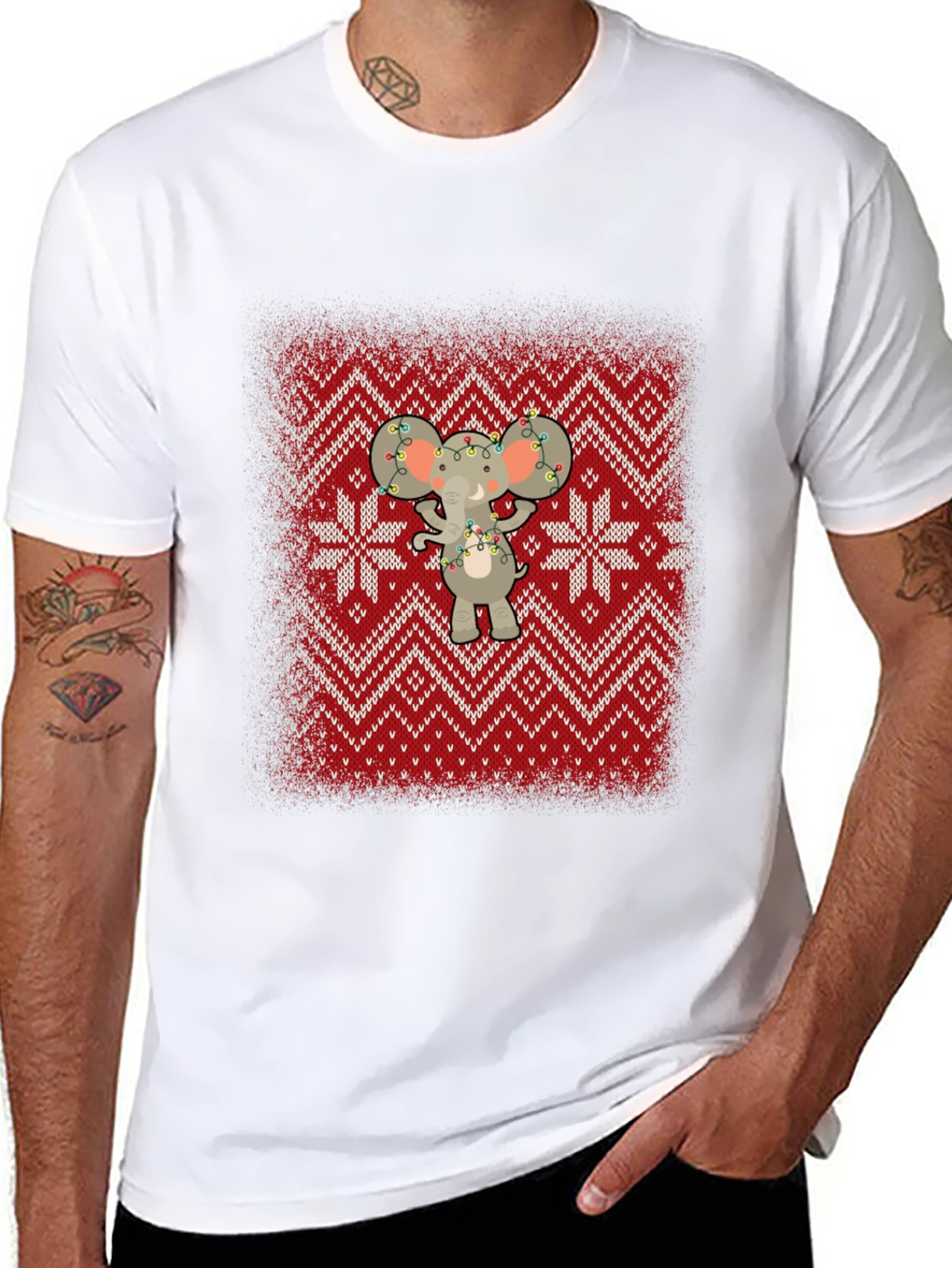 Festive Elephant Knit Pattern Holiday T-Shirt