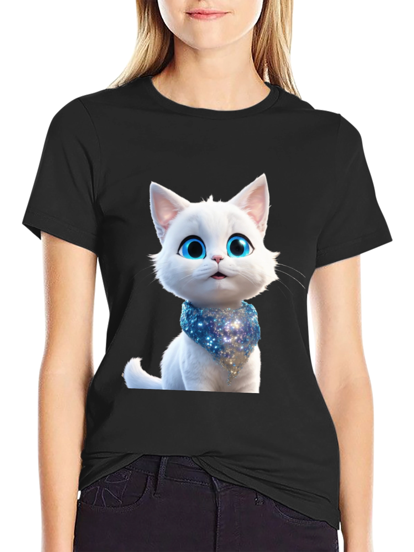 Cute Cartoon Cat Graphic Tee - Unisex Black T-Shirt
