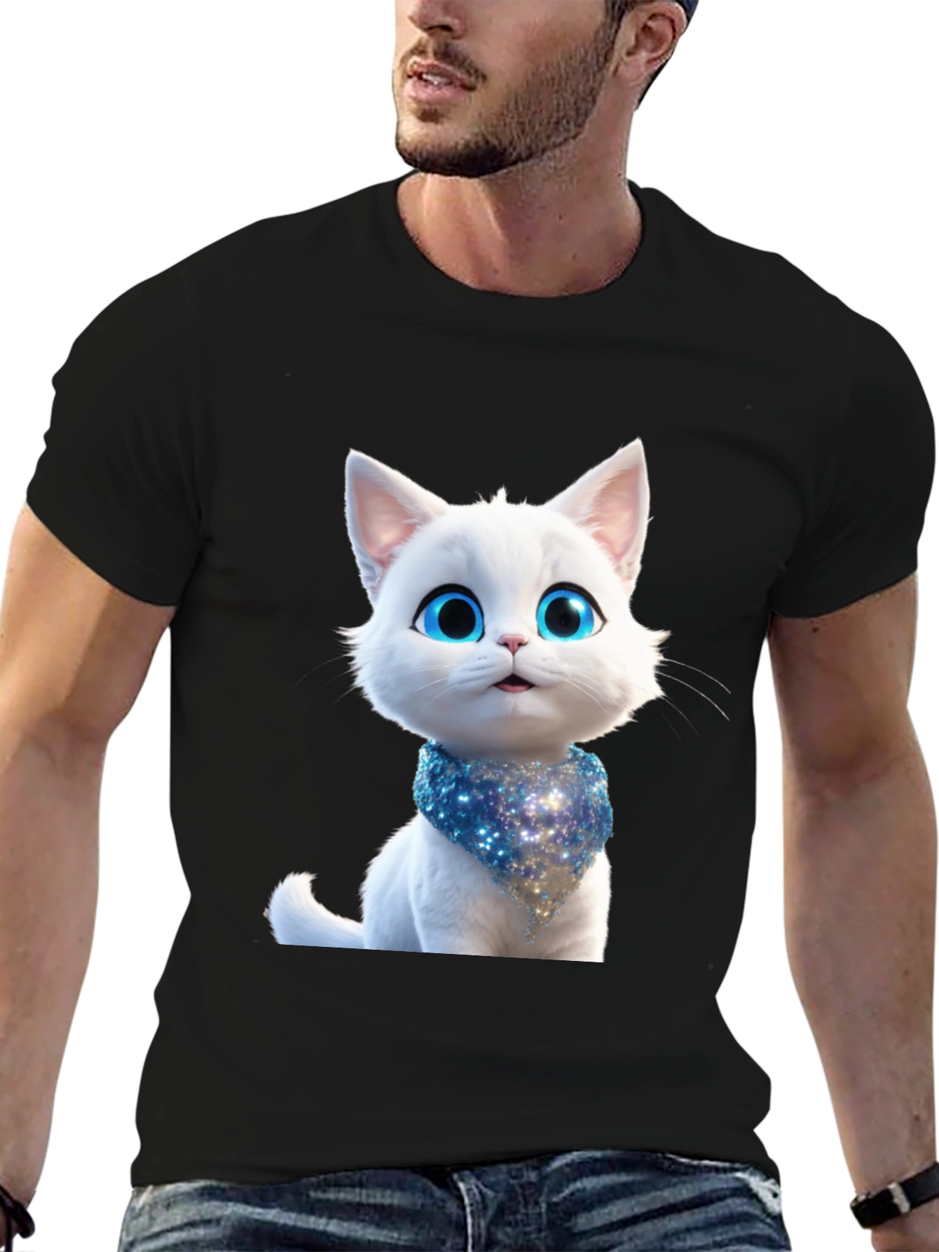 Cute Cartoon Cat Graphic Tee - Unisex Black T-Shirt