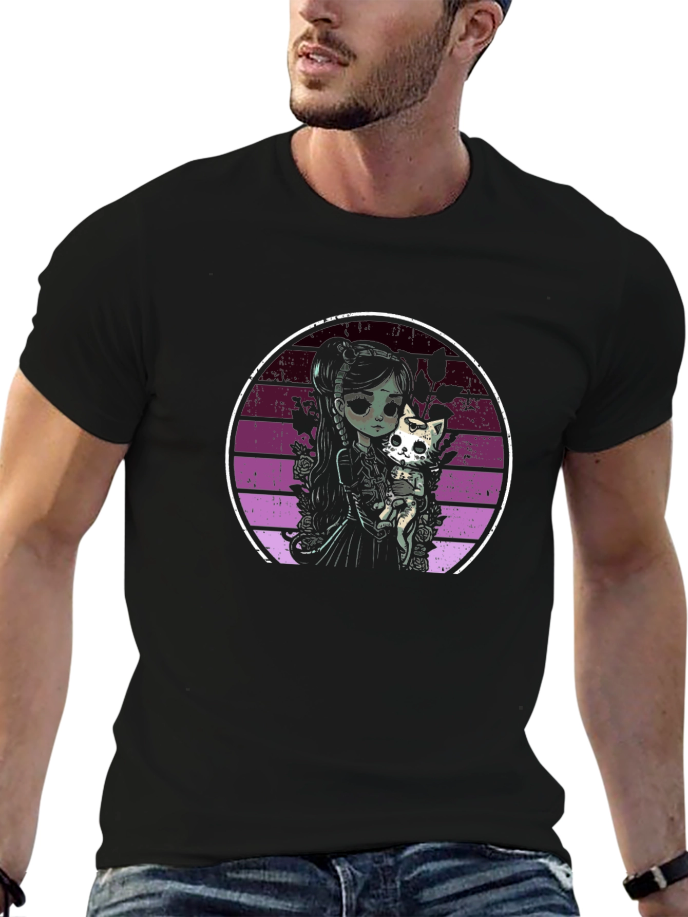 Gothic Girl & Cat T-Shirt - Dark Aesthetic Tee