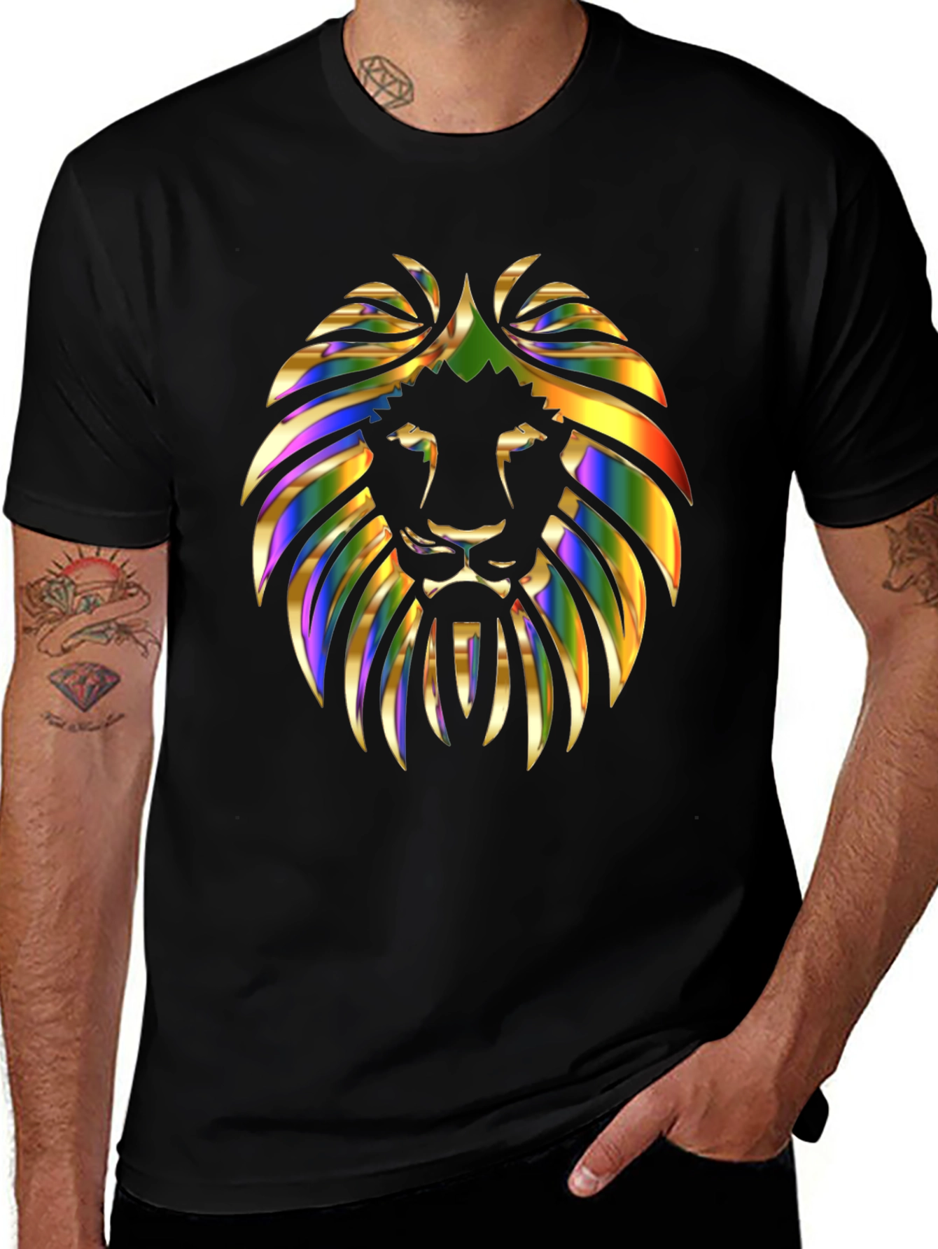 Vibrant Lion Graphic Print Mens Black T-Shirt
