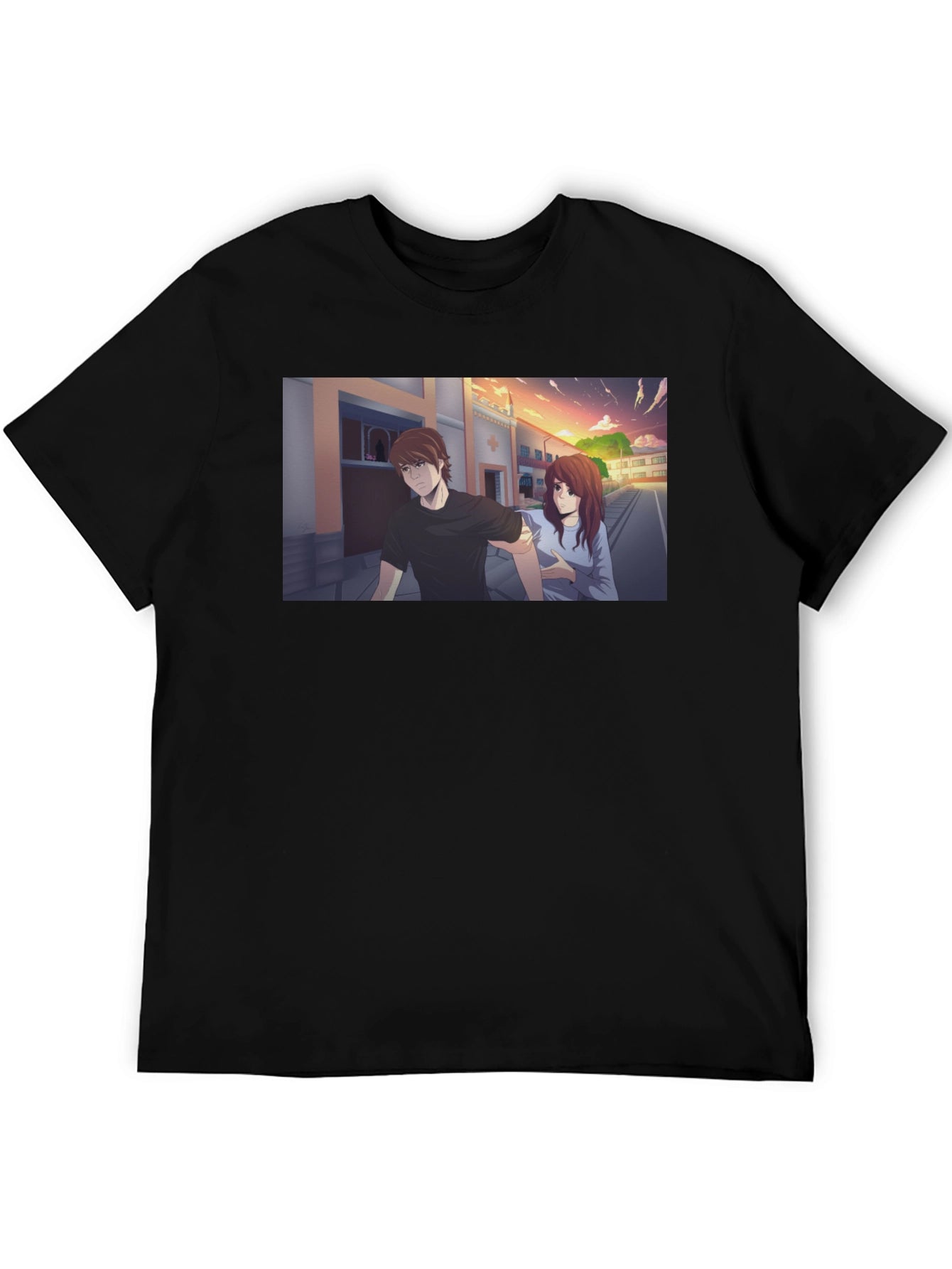 Anime Couple Graphic Black T-Shirt