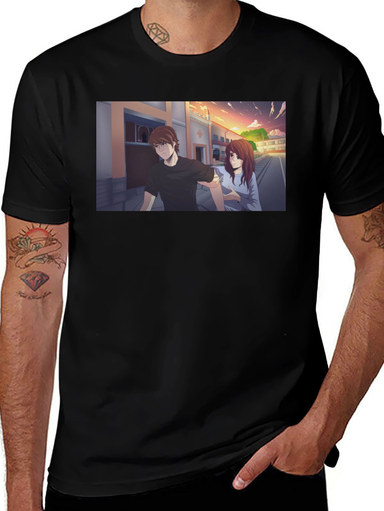 Anime Couple Graphic Black T-Shirt