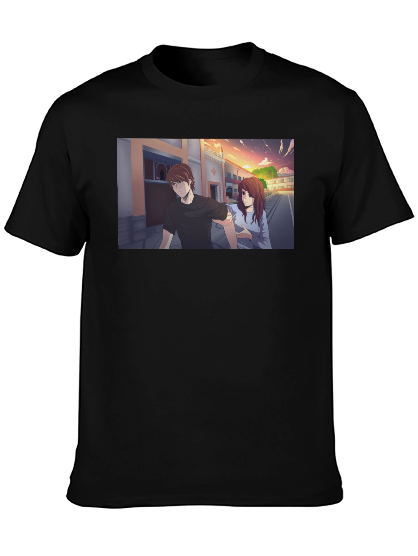 Anime Couple Graphic Black T-Shirt