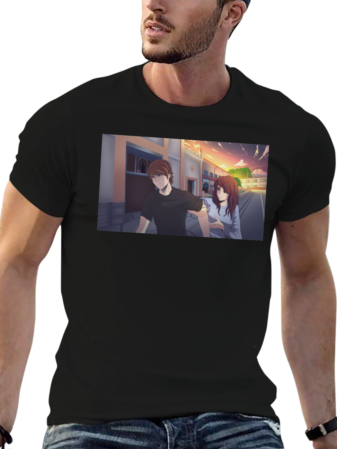 Anime Couple Graphic Black T-Shirt