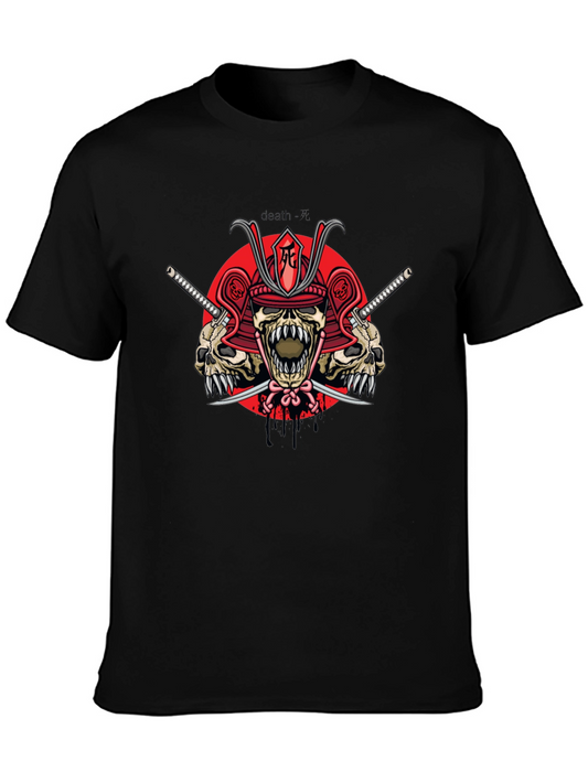 Samurai Skull Graphic Print Black T-Shirt
