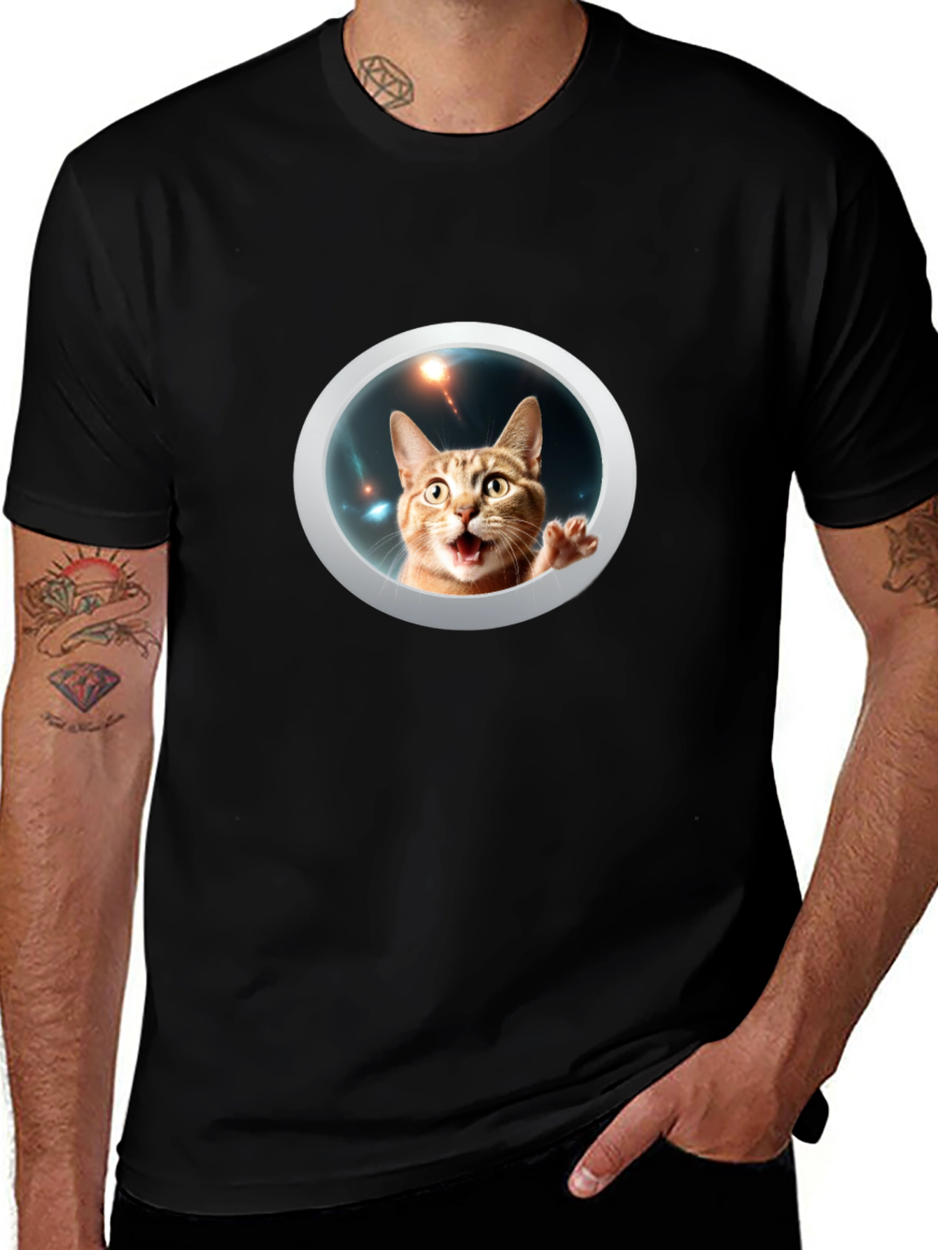 Funny Cat in Space Black T-Shirt