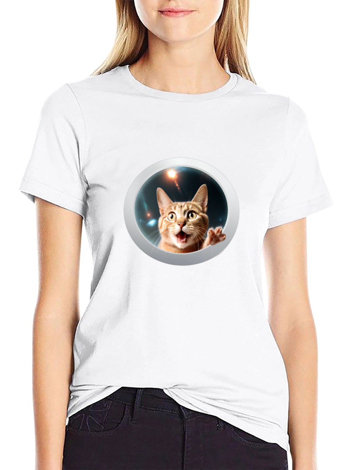 Funny Cat in Space Black T-Shirt