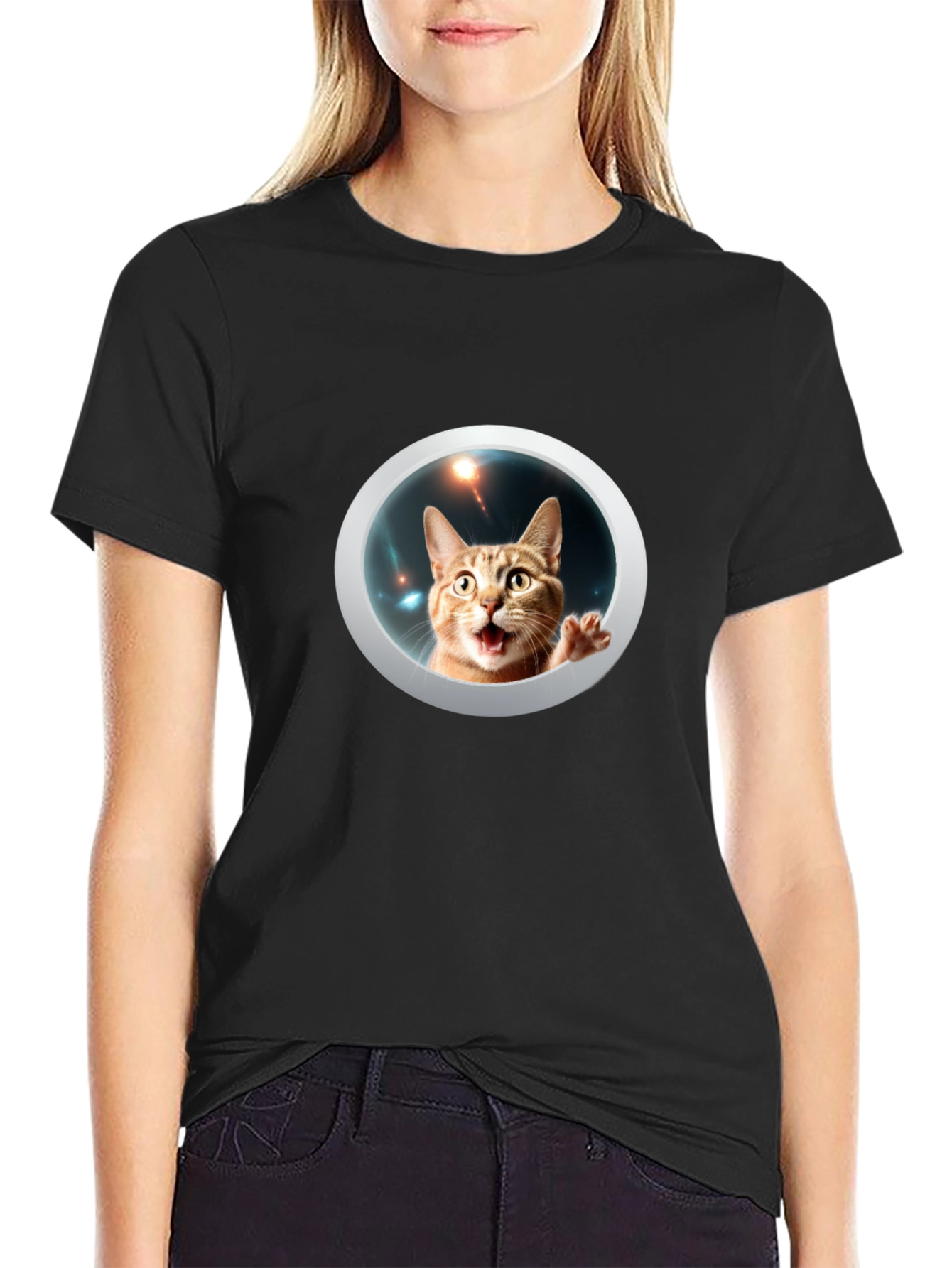Funny Cat in Space Black T-Shirt
