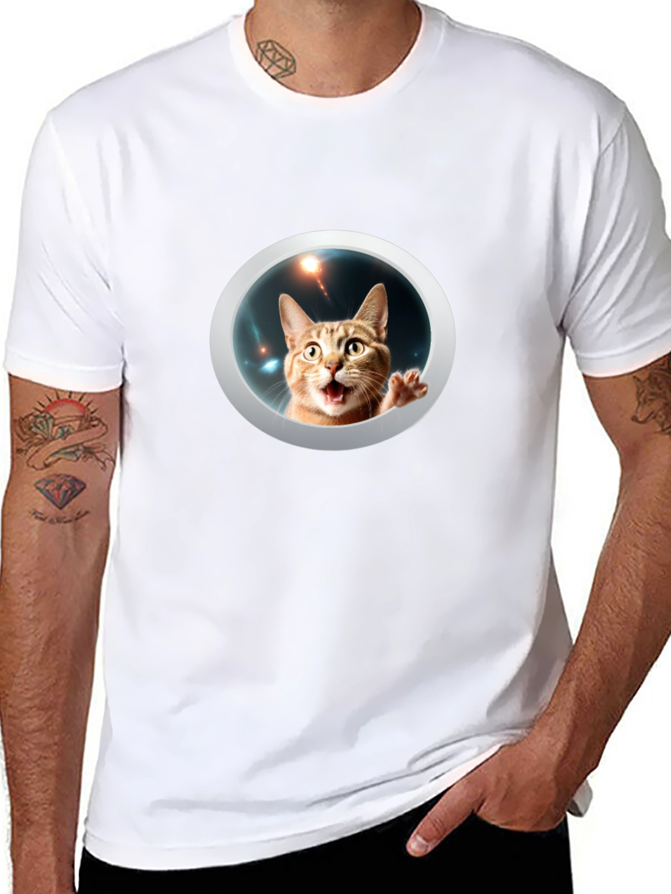 Funny Cat in Space Black T-Shirt
