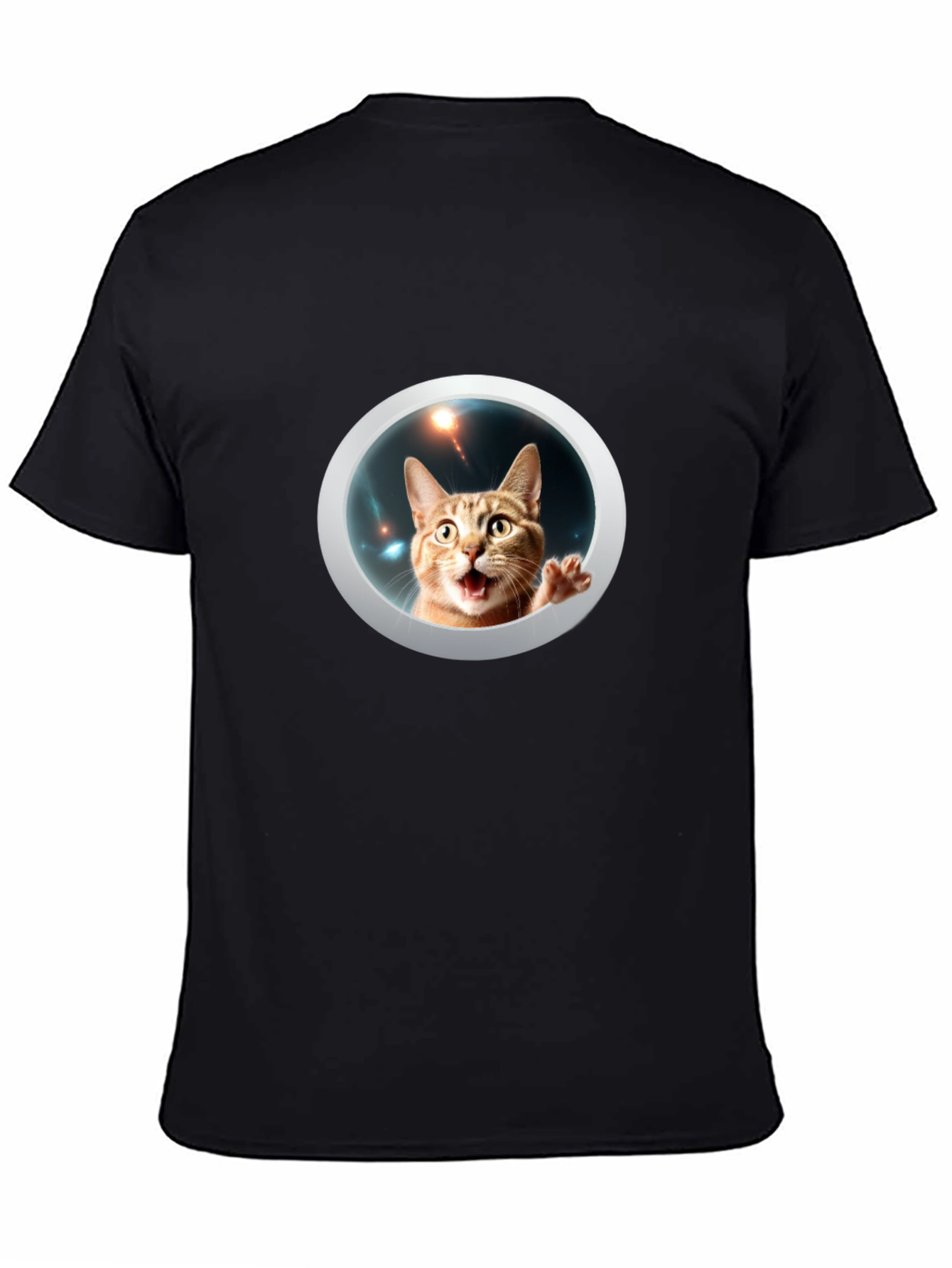 Funny Cat in Space Black T-Shirt