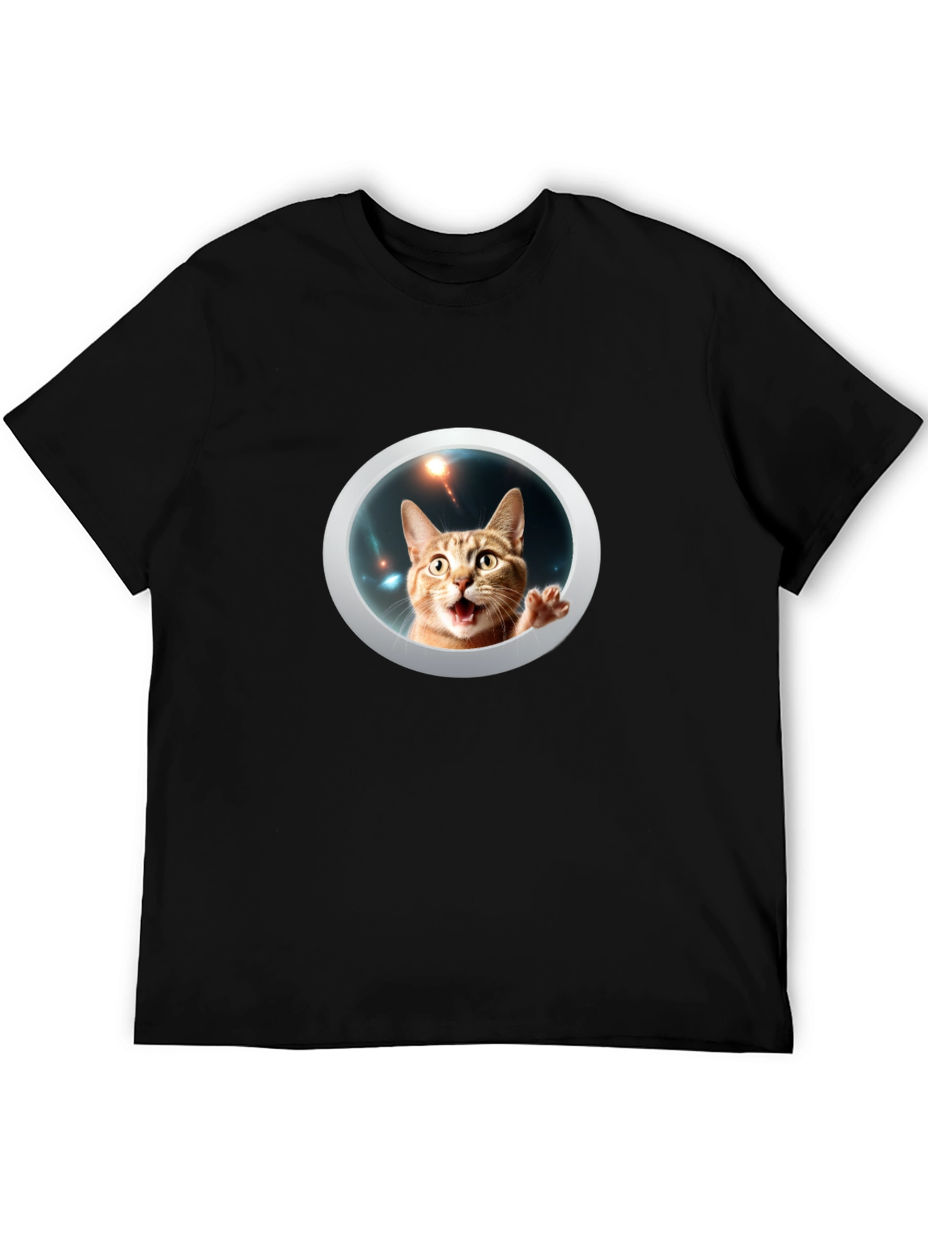 Funny Cat in Space Black T-Shirt