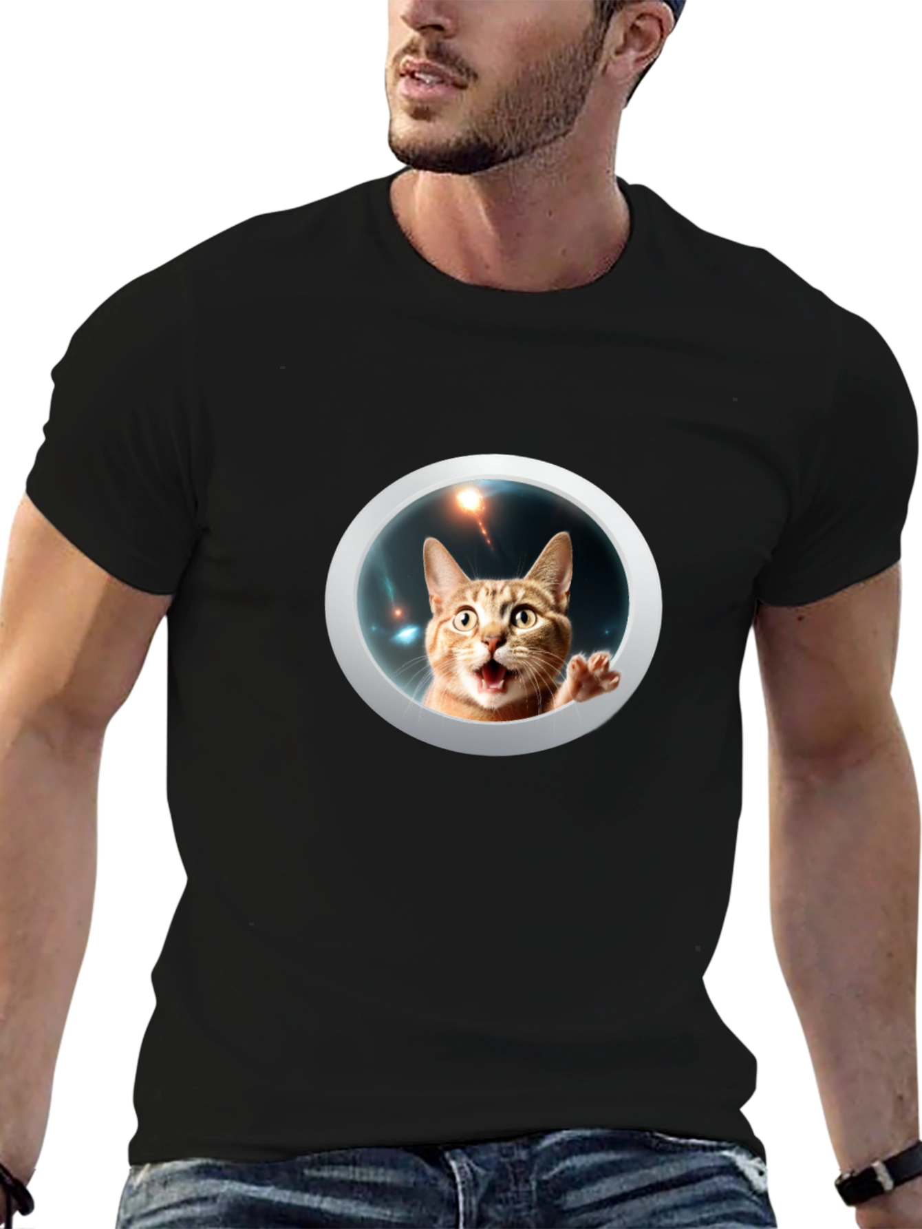 Funny Cat in Space Black T-Shirt
