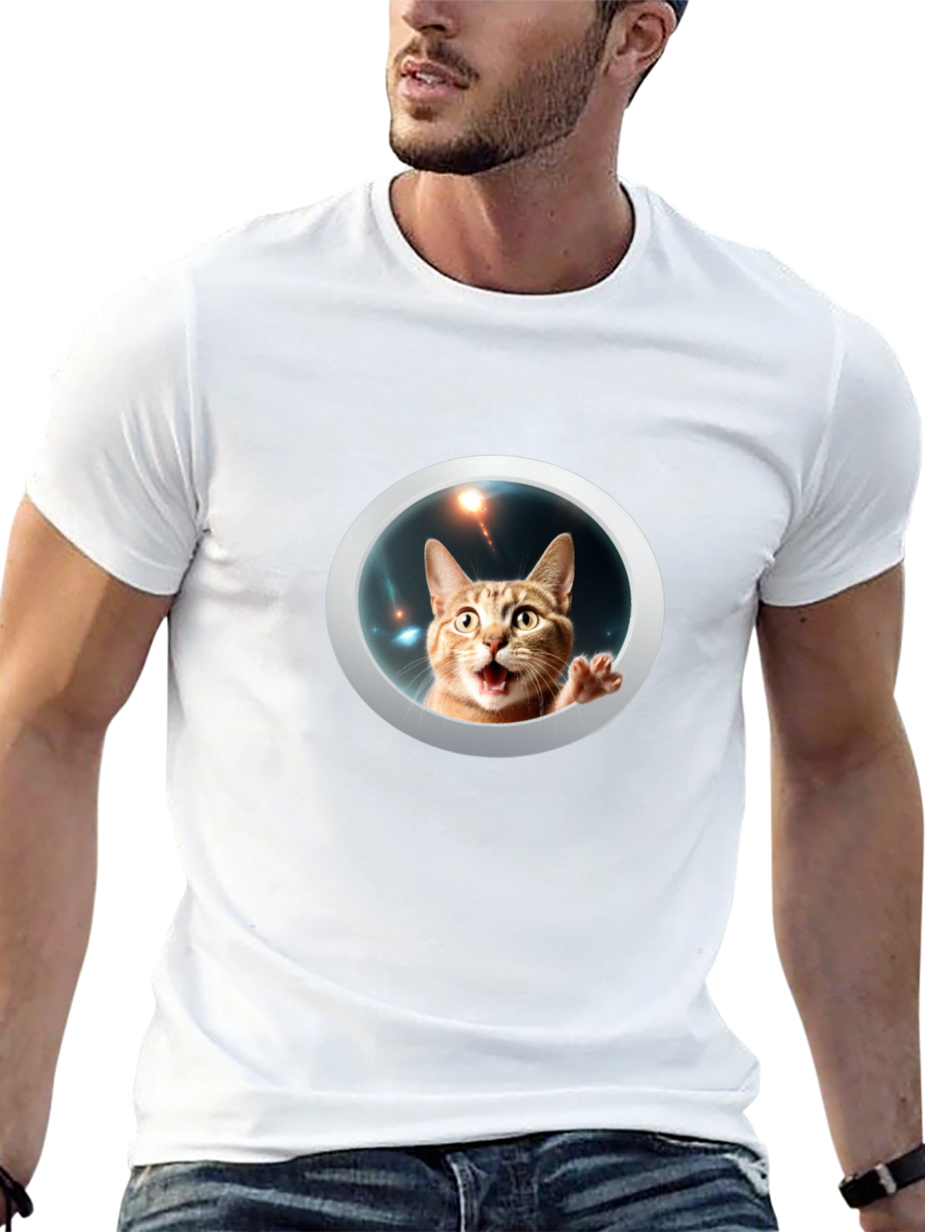 Funny Cat in Space Black T-Shirt
