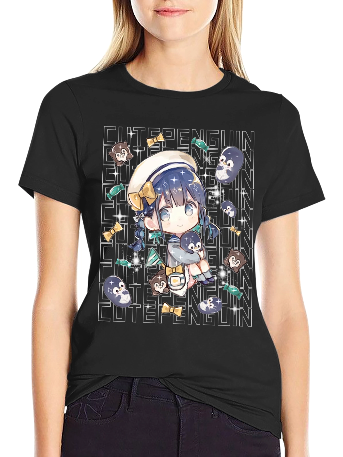 Anime Cute Penguin Black T-Shirt