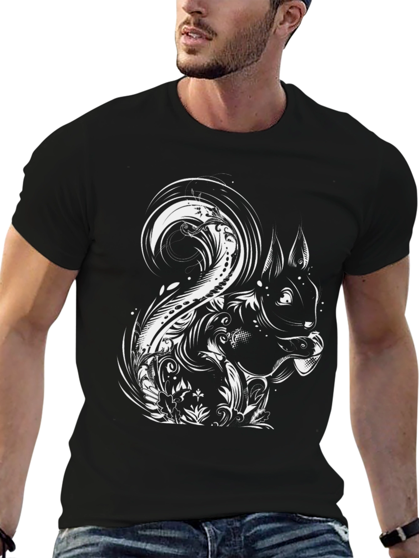 Stylish Squirrel Graphic Tee - Black