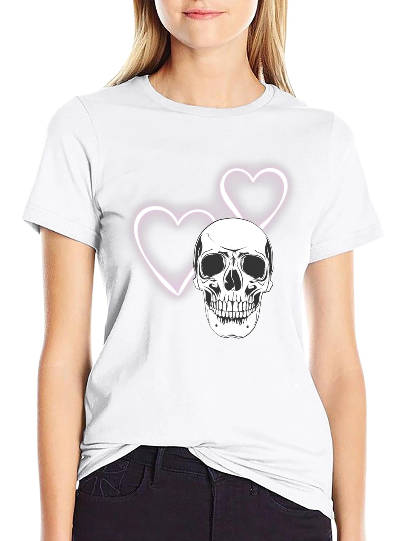 Skull & Hearts Graphic Tee - Black Cotton T-Shirt