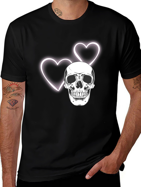 Skull & Hearts Graphic Tee - Black Cotton T-Shirt